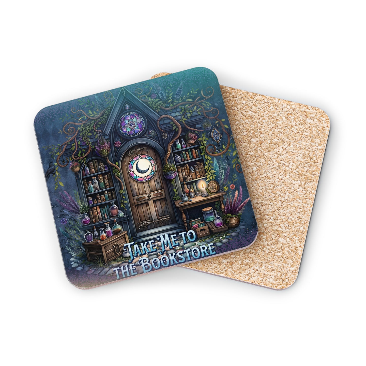 Coaster with fantasy bookstore design and text "TAKE ME TO THE BOOKSTORE".