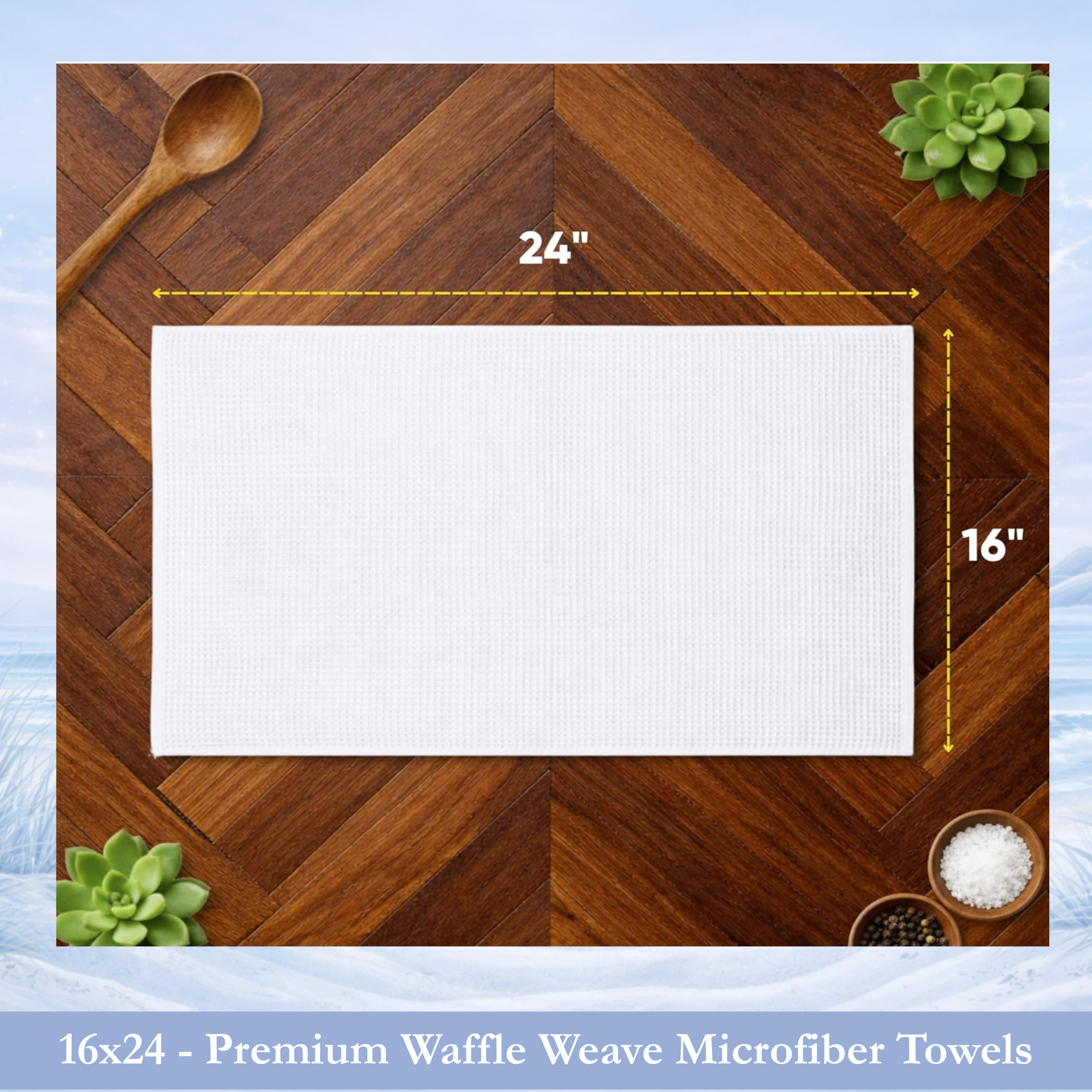 White waffle weave microfiber towels, 16x24 inches, with wooden background.