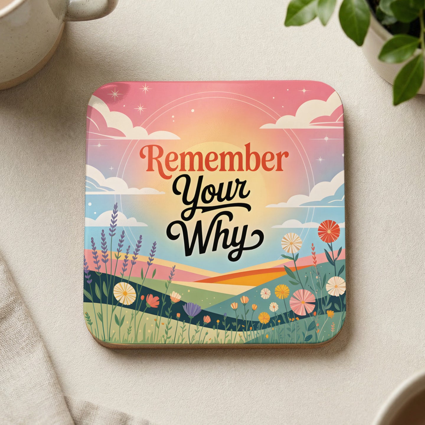 Square coaster with "Remember Your Why" text above a colorful floral landscape.