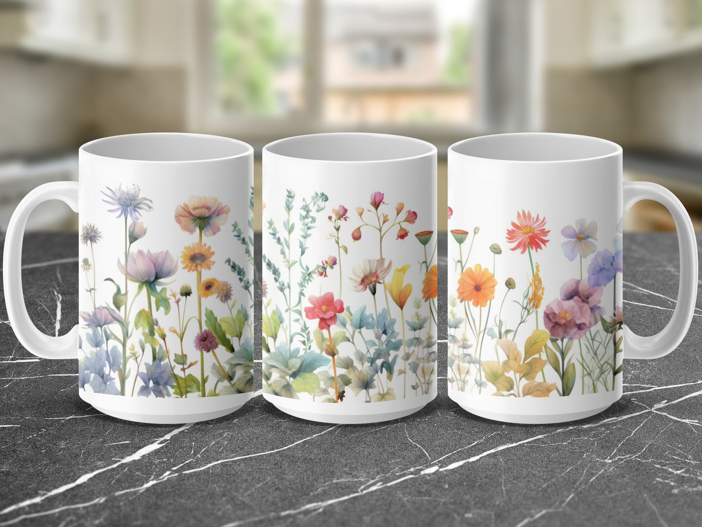 Three white mugs with watercolor floral designs on a dark marble surface.