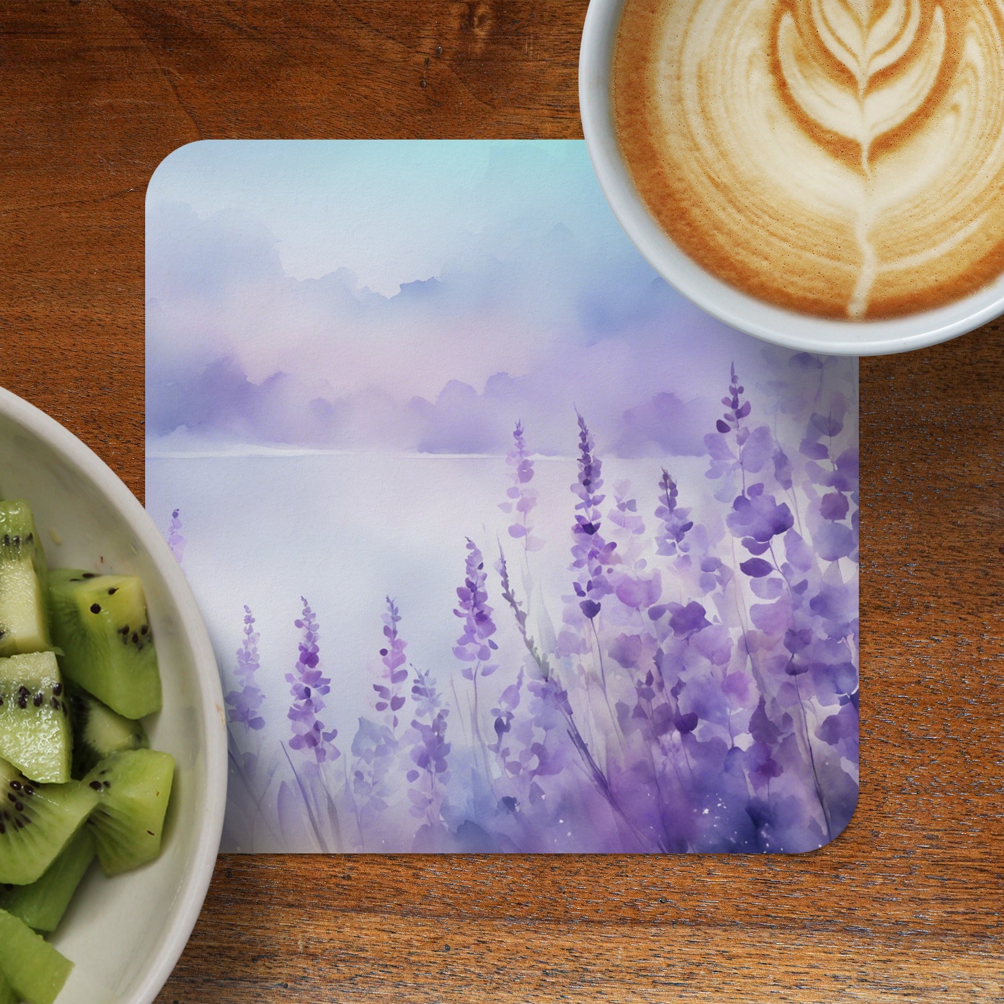 Watercolor lavender field with cup of coffee and kiwi slices.