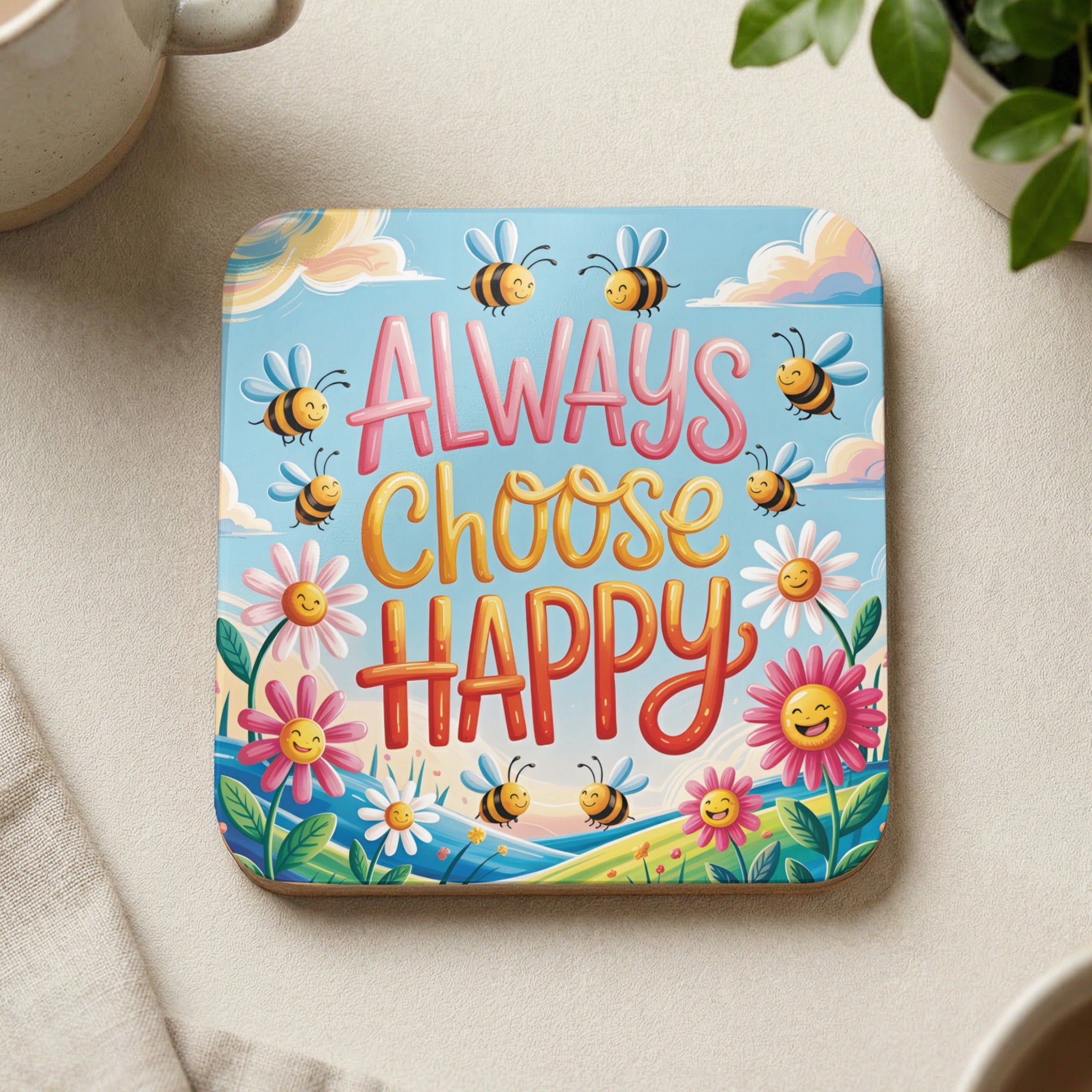 Coaster with bees and flowers, text "Always Choose Happy".