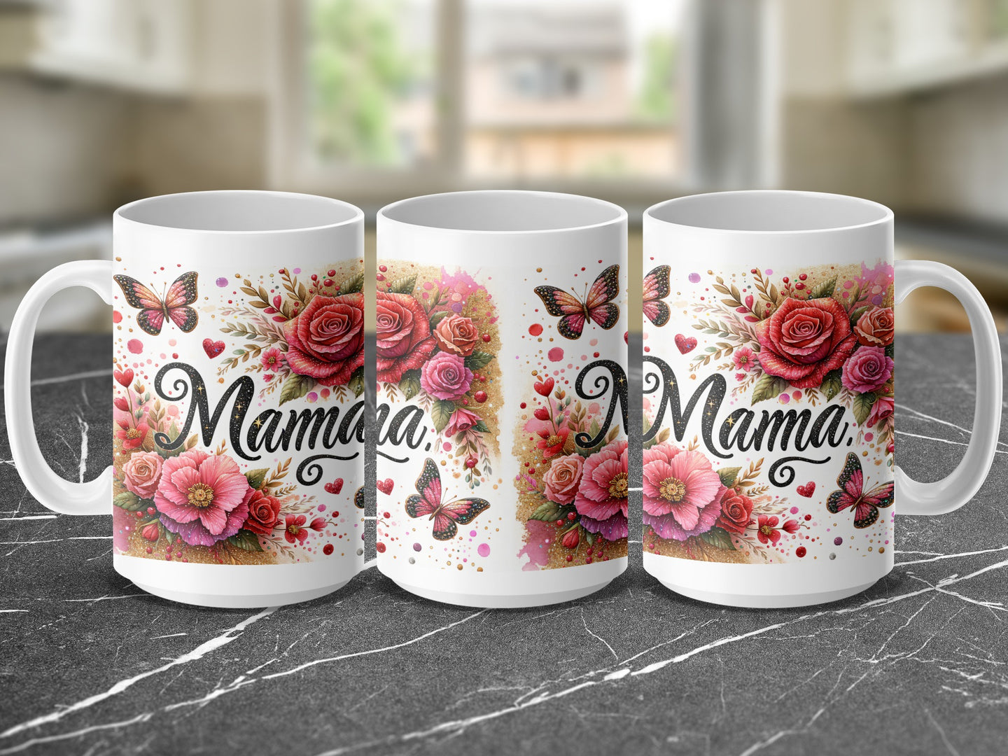 Three white mugs with "Mama" text and floral designs.
