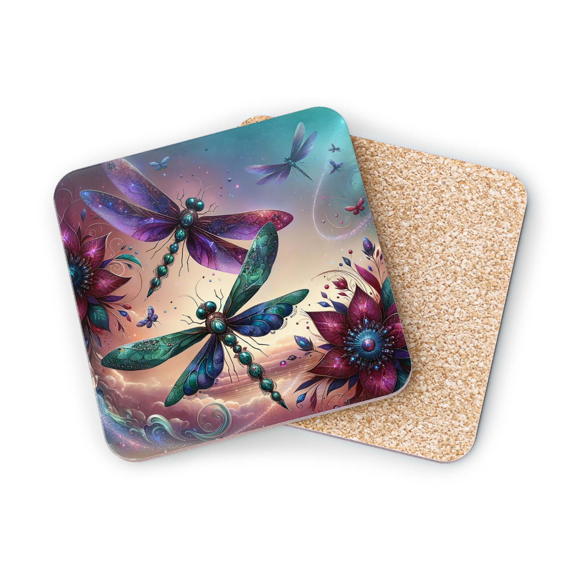 Two decorative coasters featuring iridescent dragonflies and vibrant flowers.