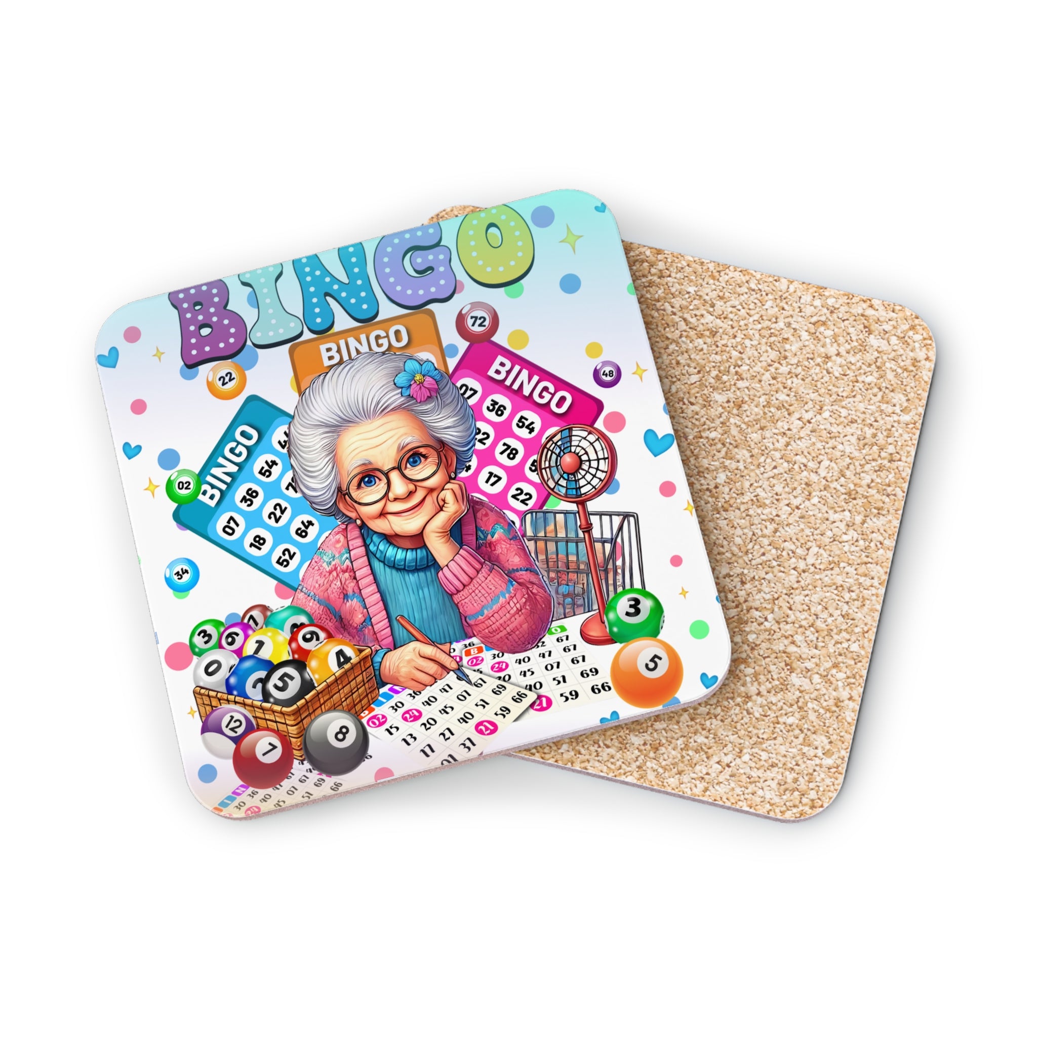 Bingo game board with an elderly woman and bingo balls.