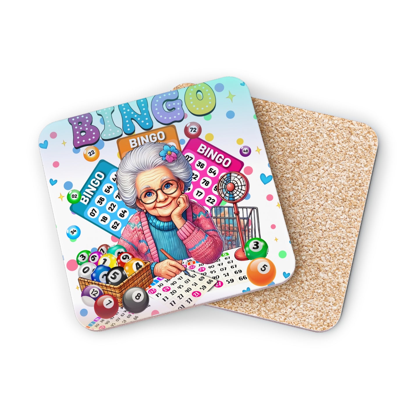 Bingo game board with an elderly woman and bingo balls.
