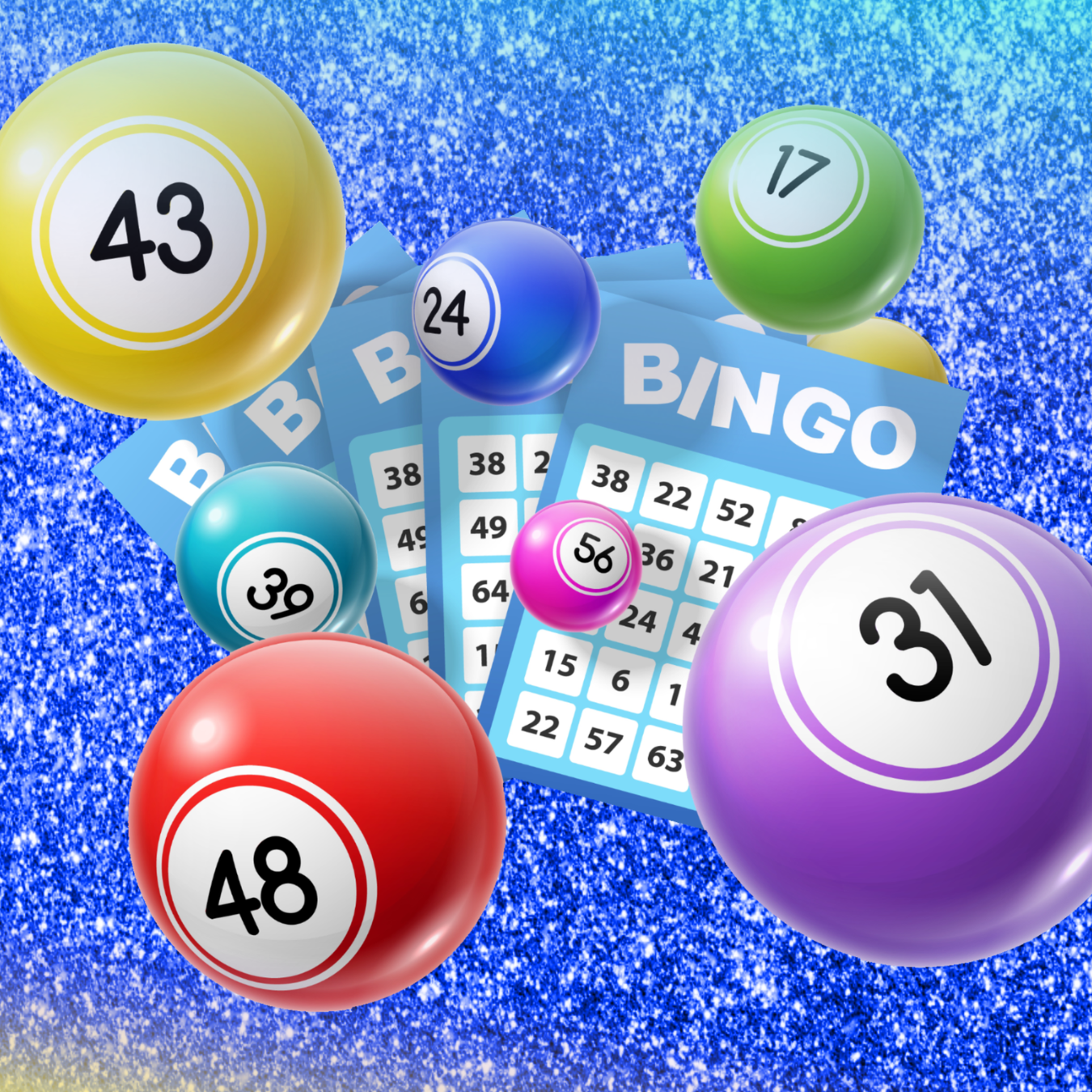Floating bingo balls and cards on a glittering blue background.