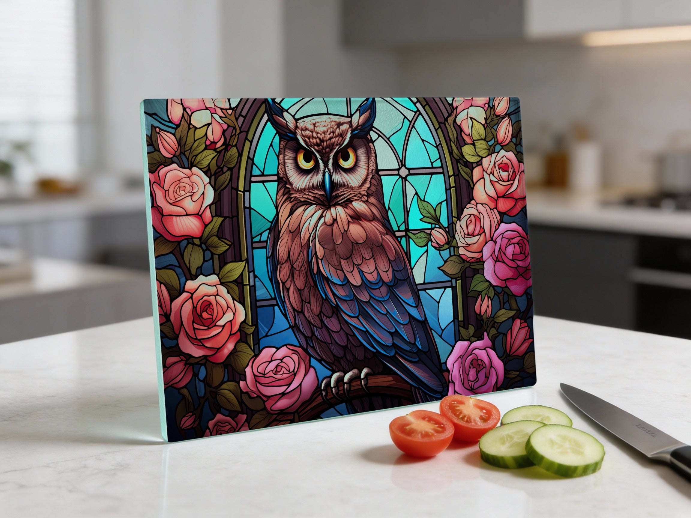 Tempered glass cutting board with stained glass owl and roses design.