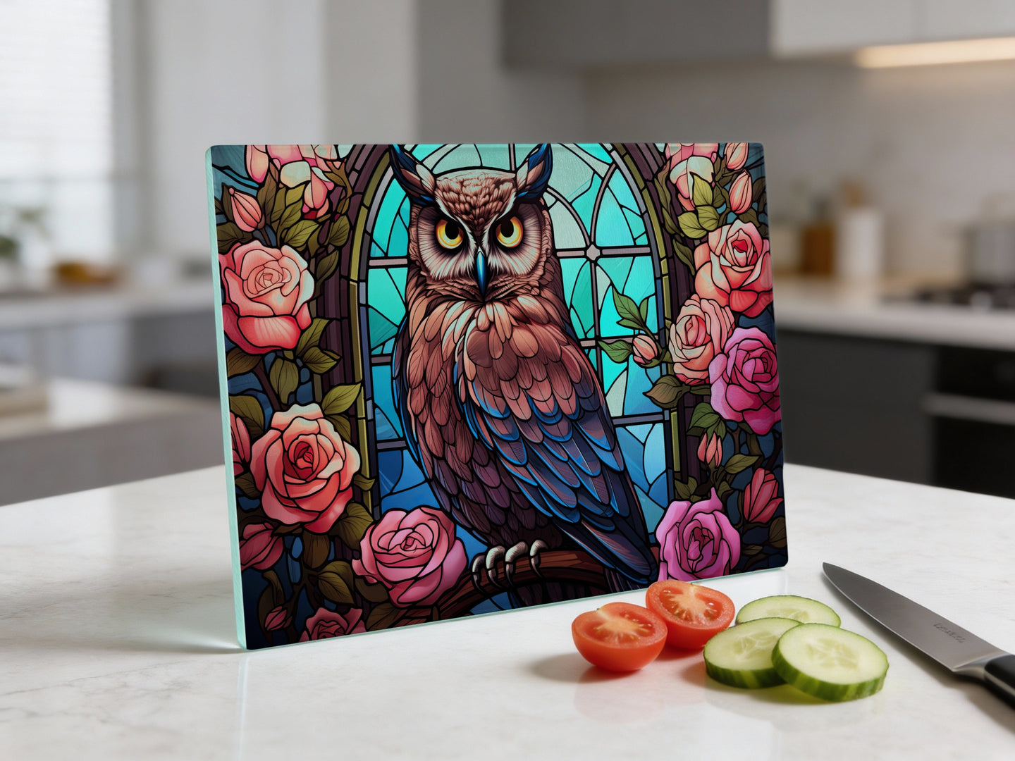 Tempered glass cutting board with stained glass owl and roses design.