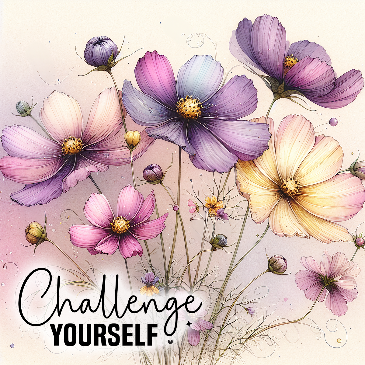 Cosmos flowers in shades of pink, purple, and yellow with "Challenge Yourself" text.