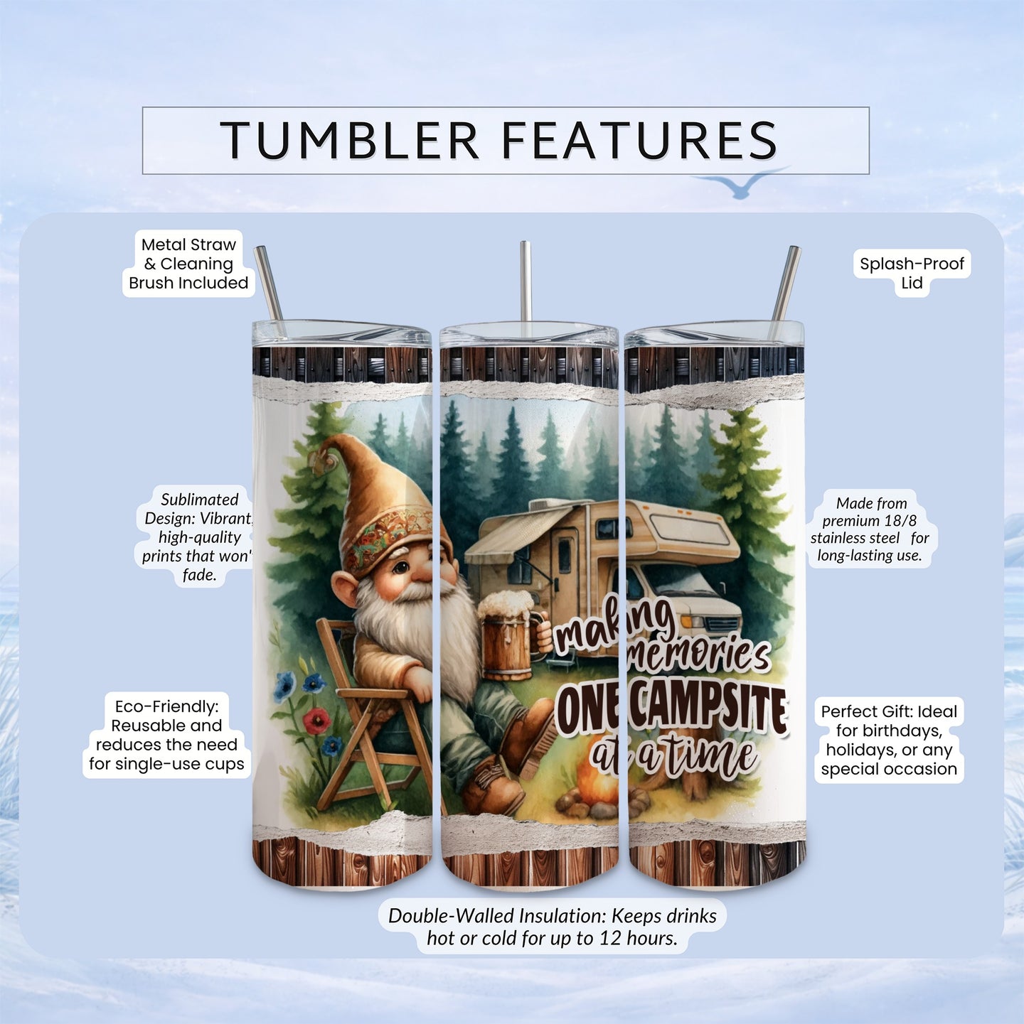 Tumbler with gnome at campsite design, features metal straw, splash-proof lid.
