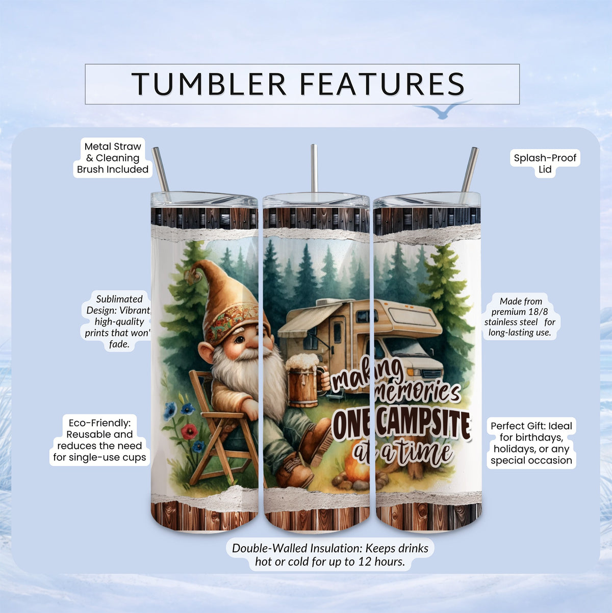 Tumbler with gnome at campsite design, features metal straw, splash-proof lid.