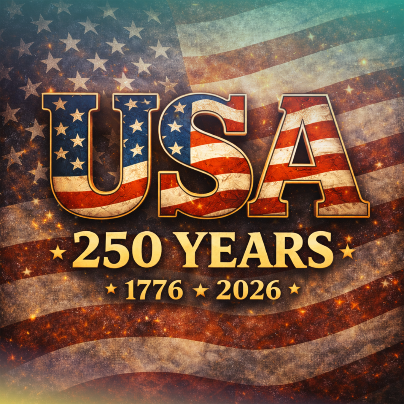 USA 250 Years 1776-2026 text over a star-spangled American flag.