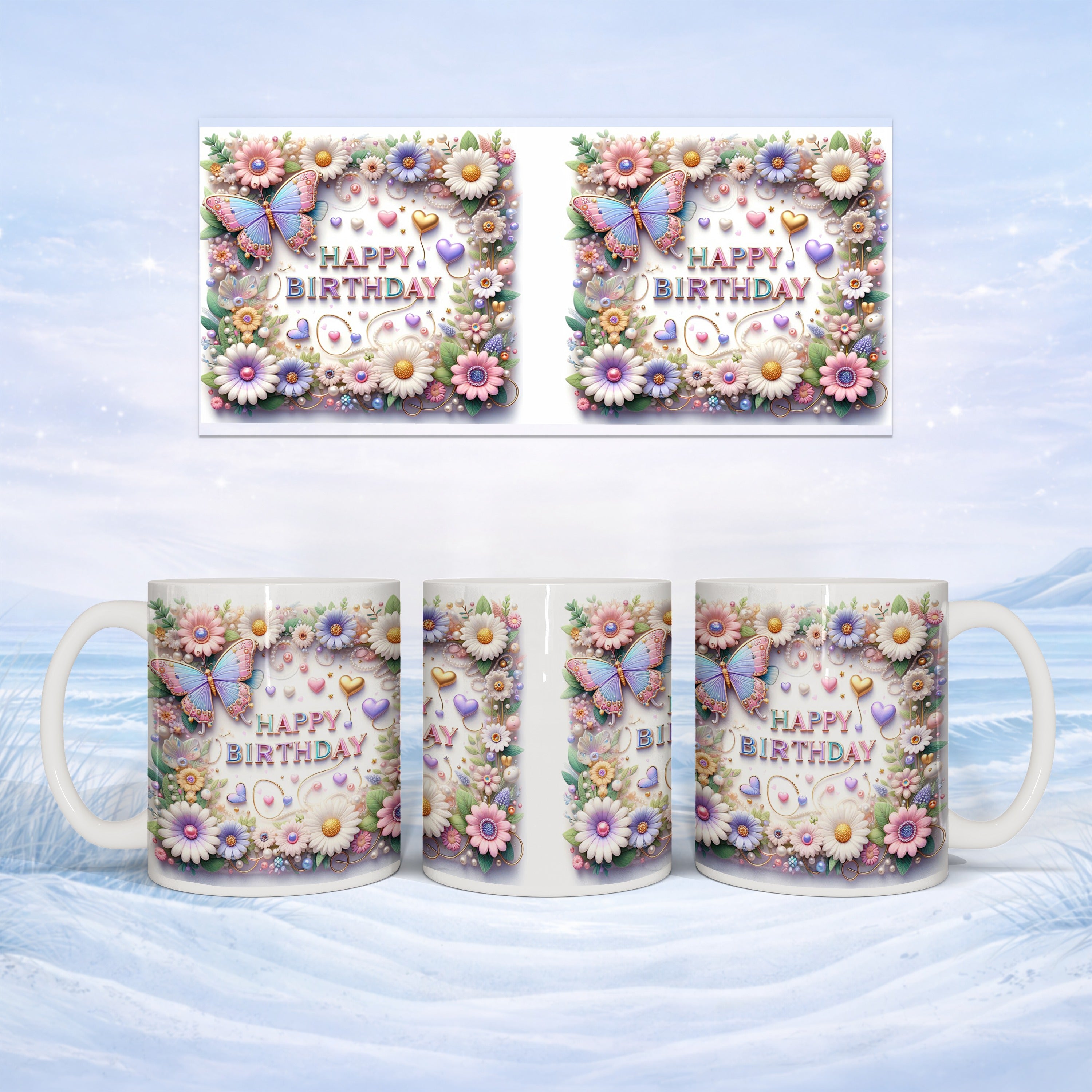 Floral birthday mug with butterflies and hearts design.