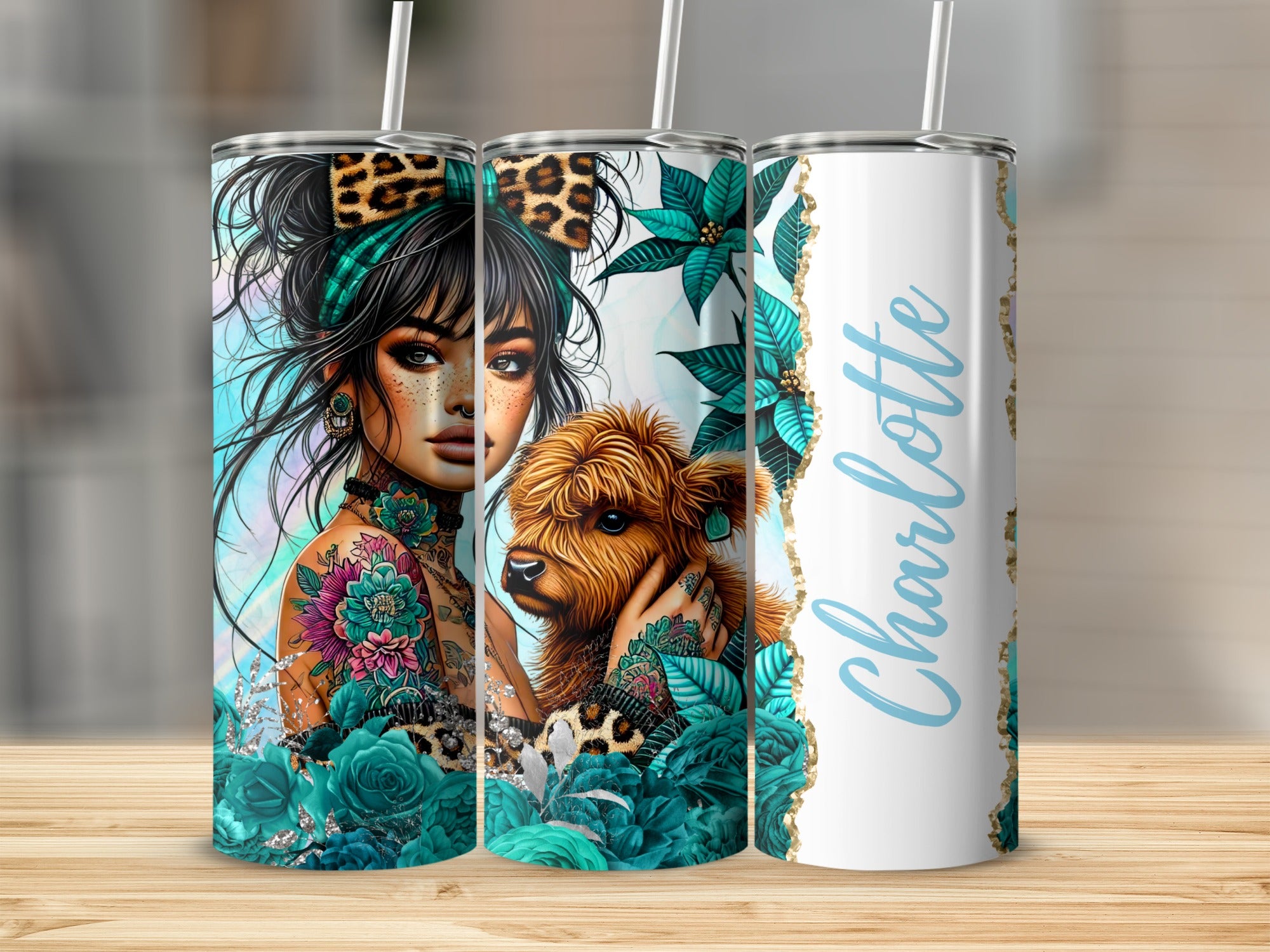 Tumbler with woman and dog design, personalized with "Charlotte."