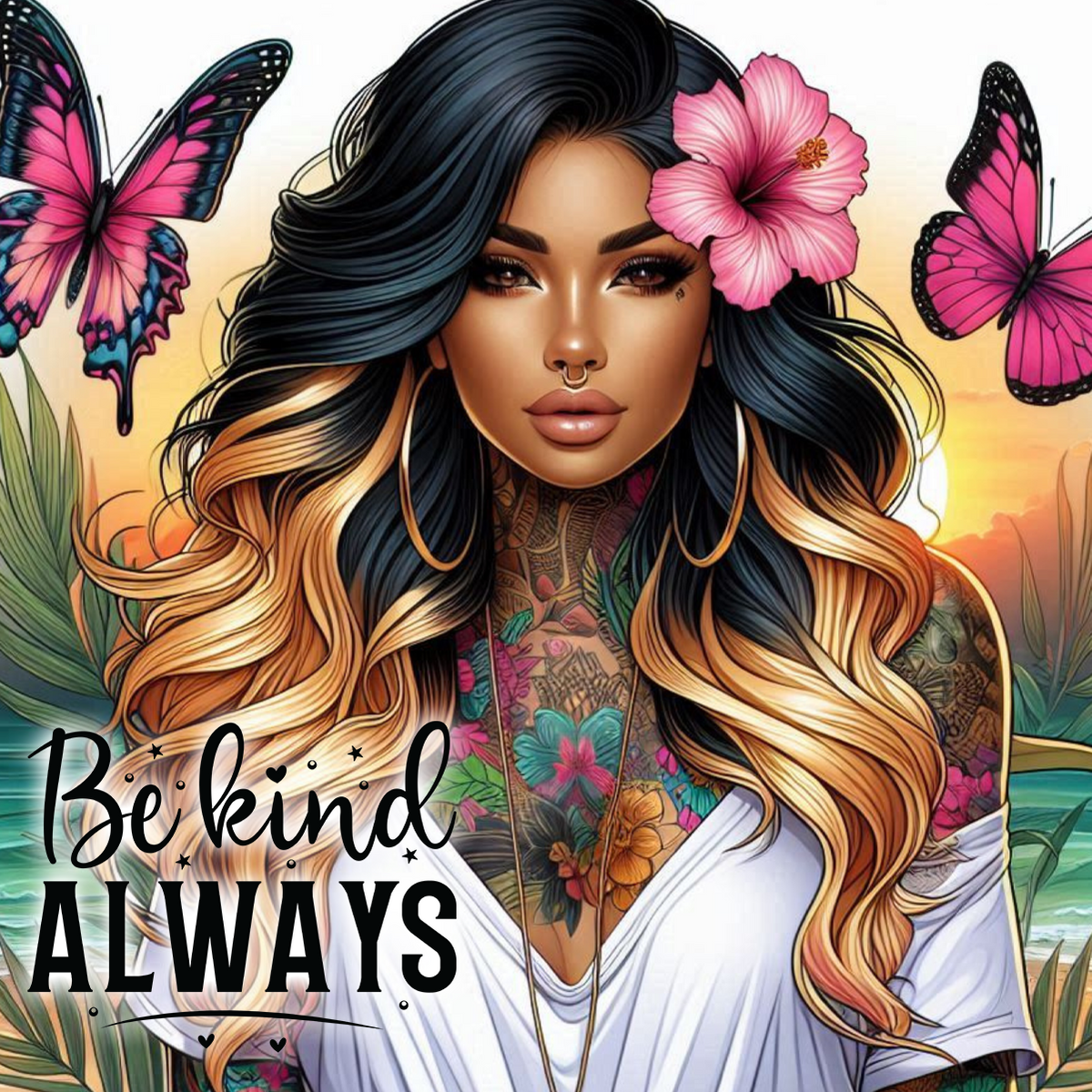 Tattooed woman with colorful hair, pink butterflies, and sunset background with text "Be kind ALWAYS".