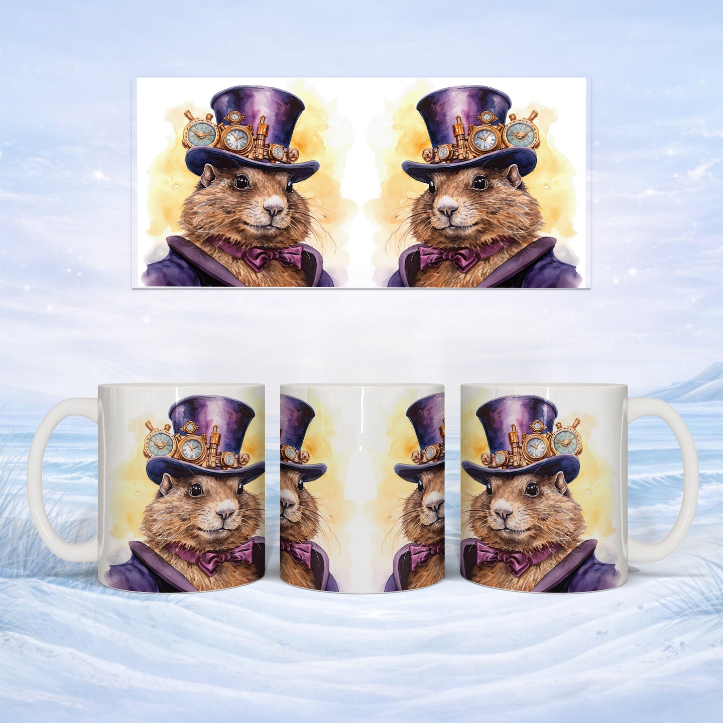 Groundhog wearing a top hat and steampunk goggles on a mug.
