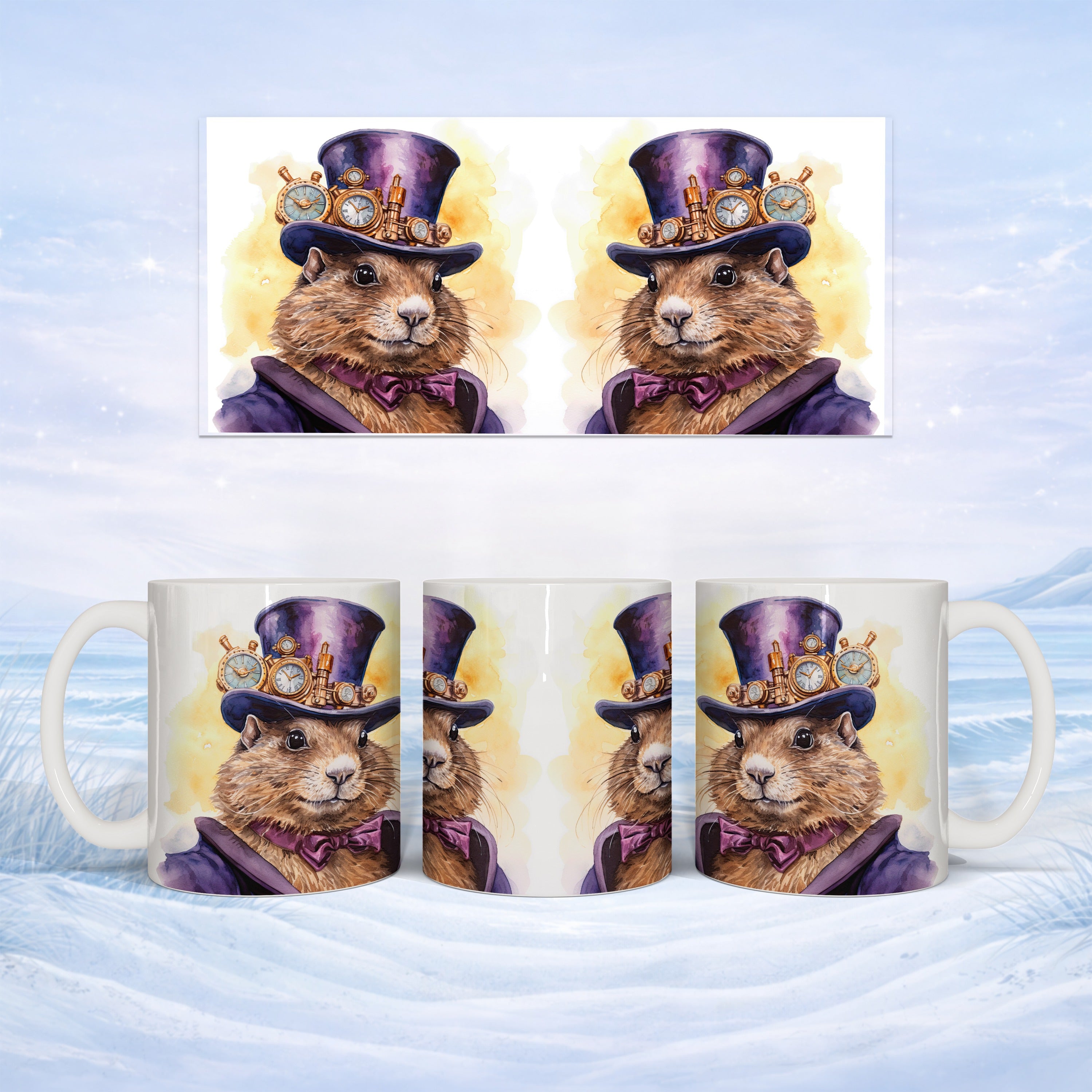 Groundhog wearing a top hat and steampunk goggles on a mug.