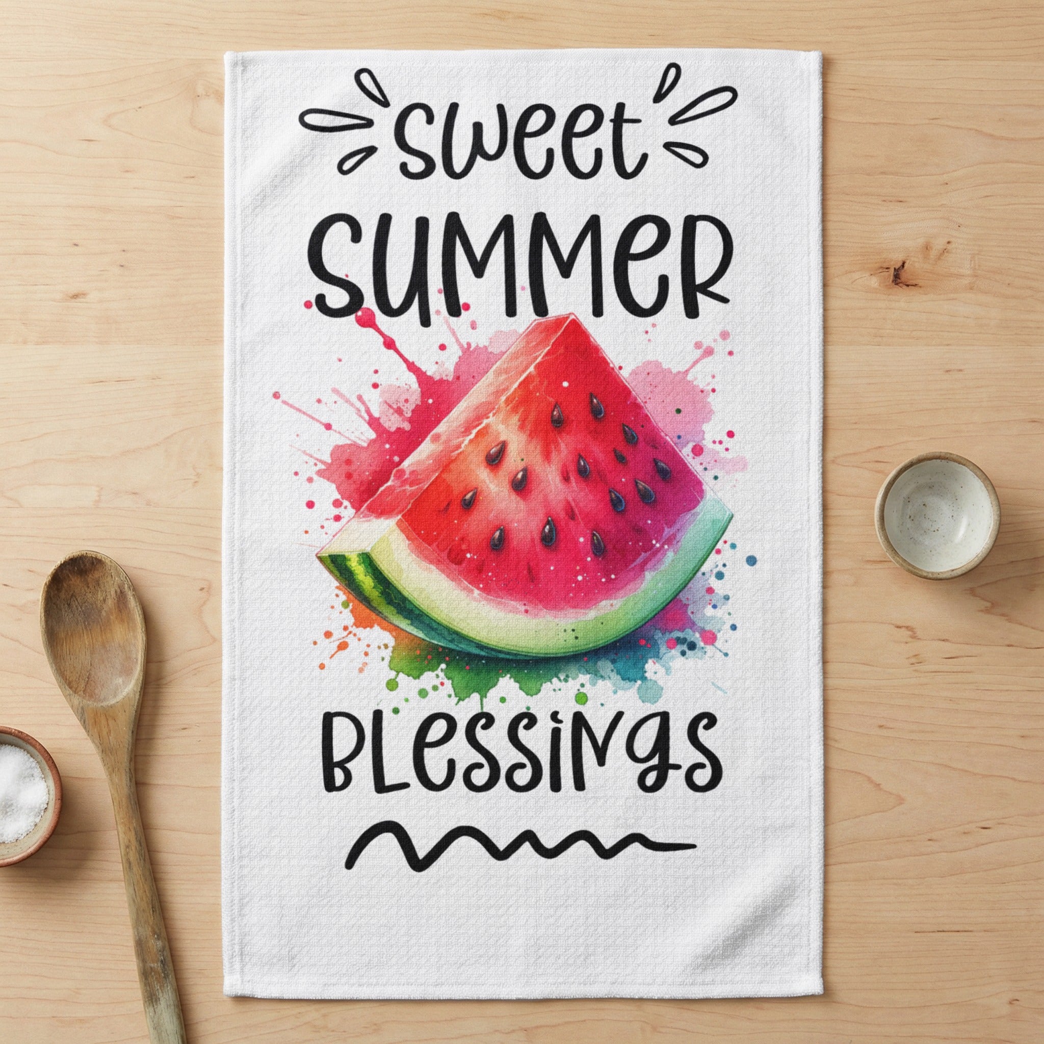 Tea towel with "Sweet Summer Blessings" text and watercolor watermelon slice.