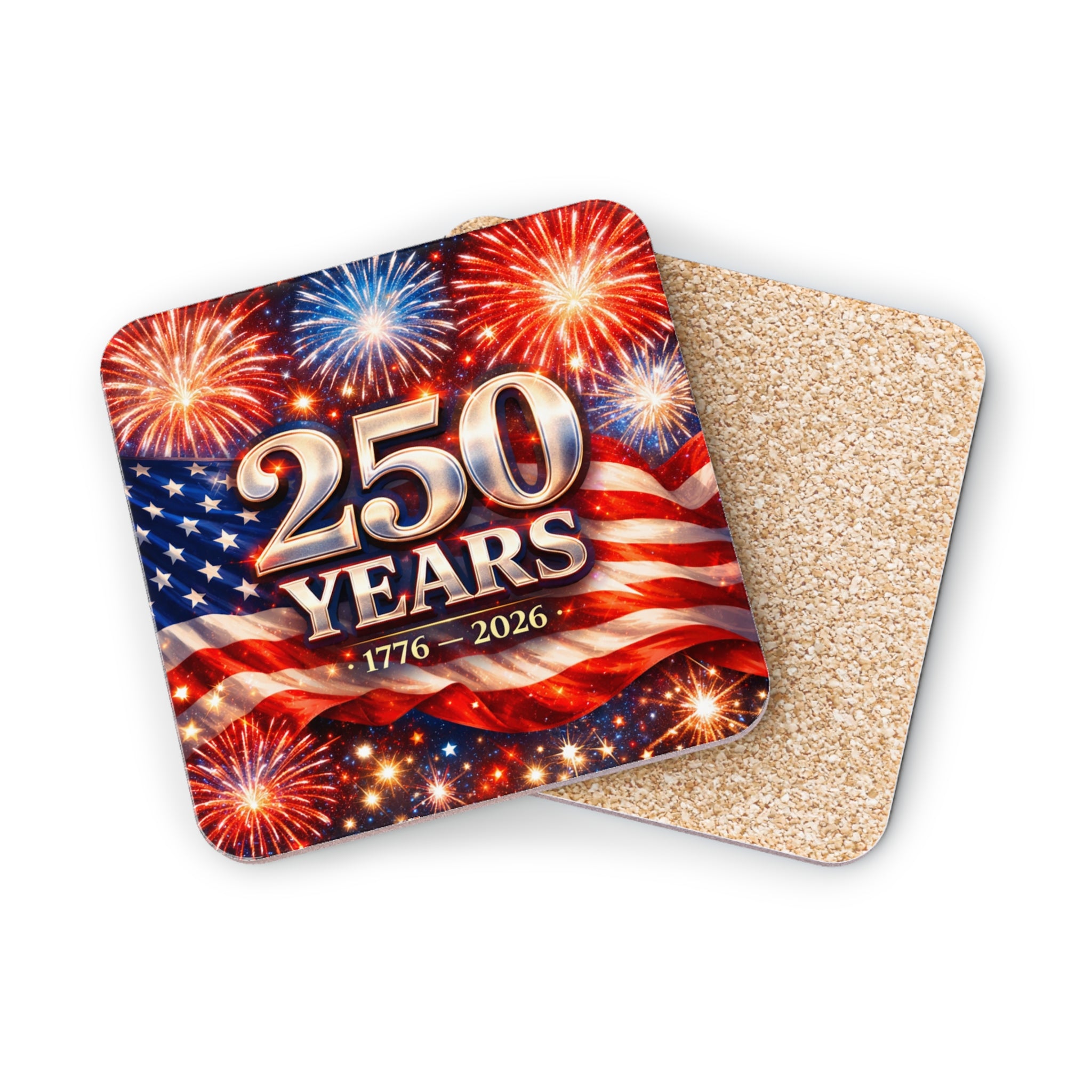 Coaster with American flag and fireworks, commemorating 250 years.