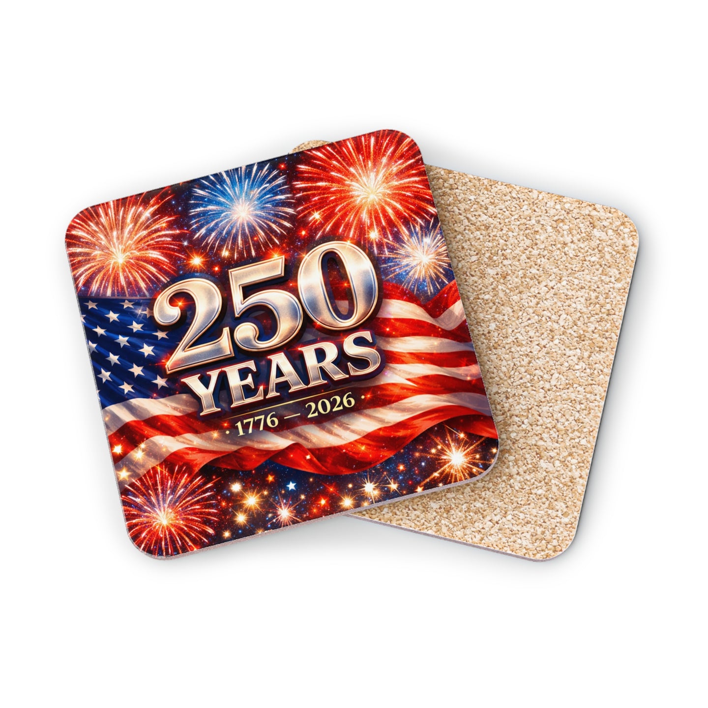 Coaster with American flag and fireworks, commemorating 250 years.