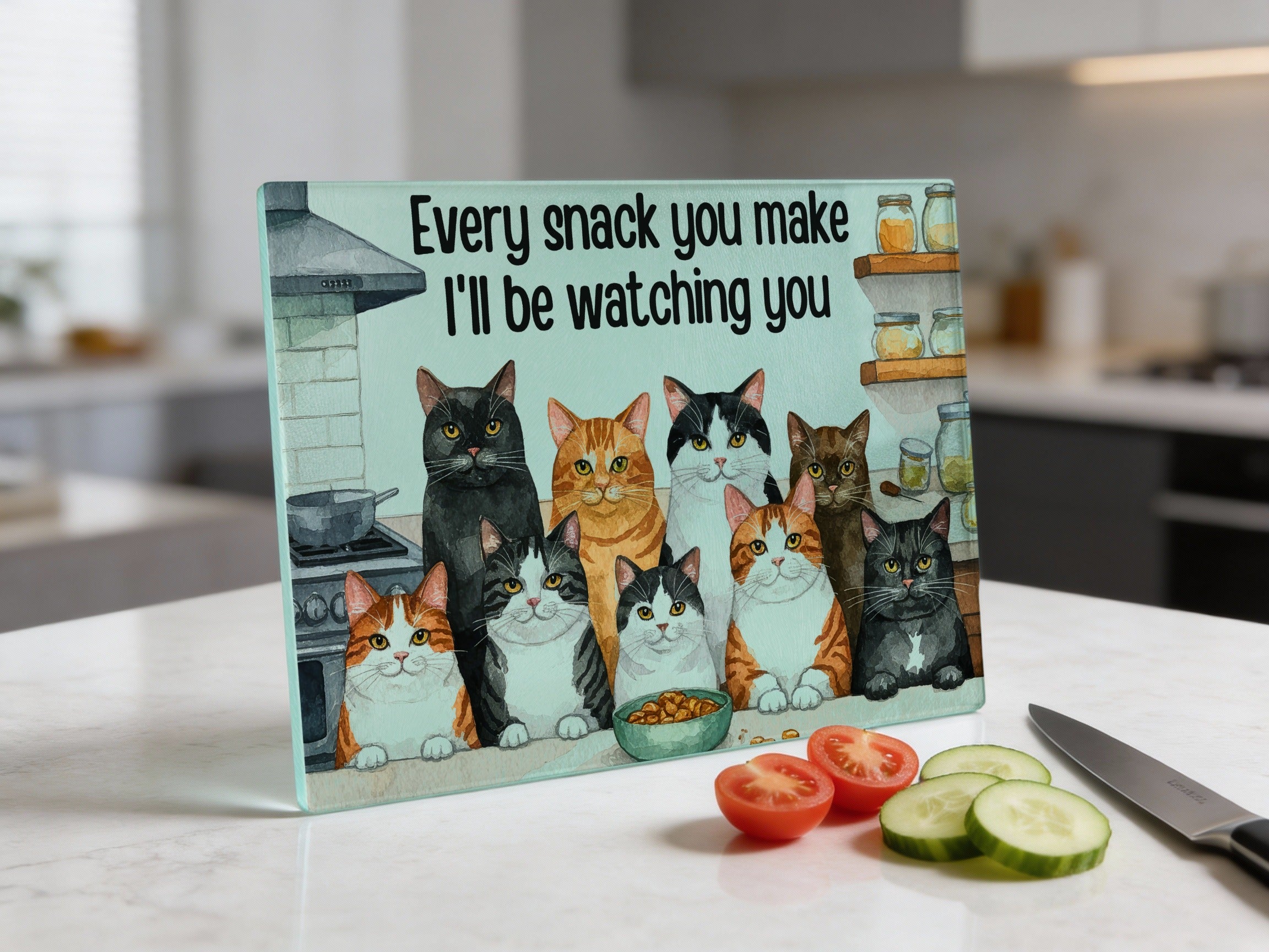 Cutting board with "Every snack you make I'll be watching you" and nine cats.