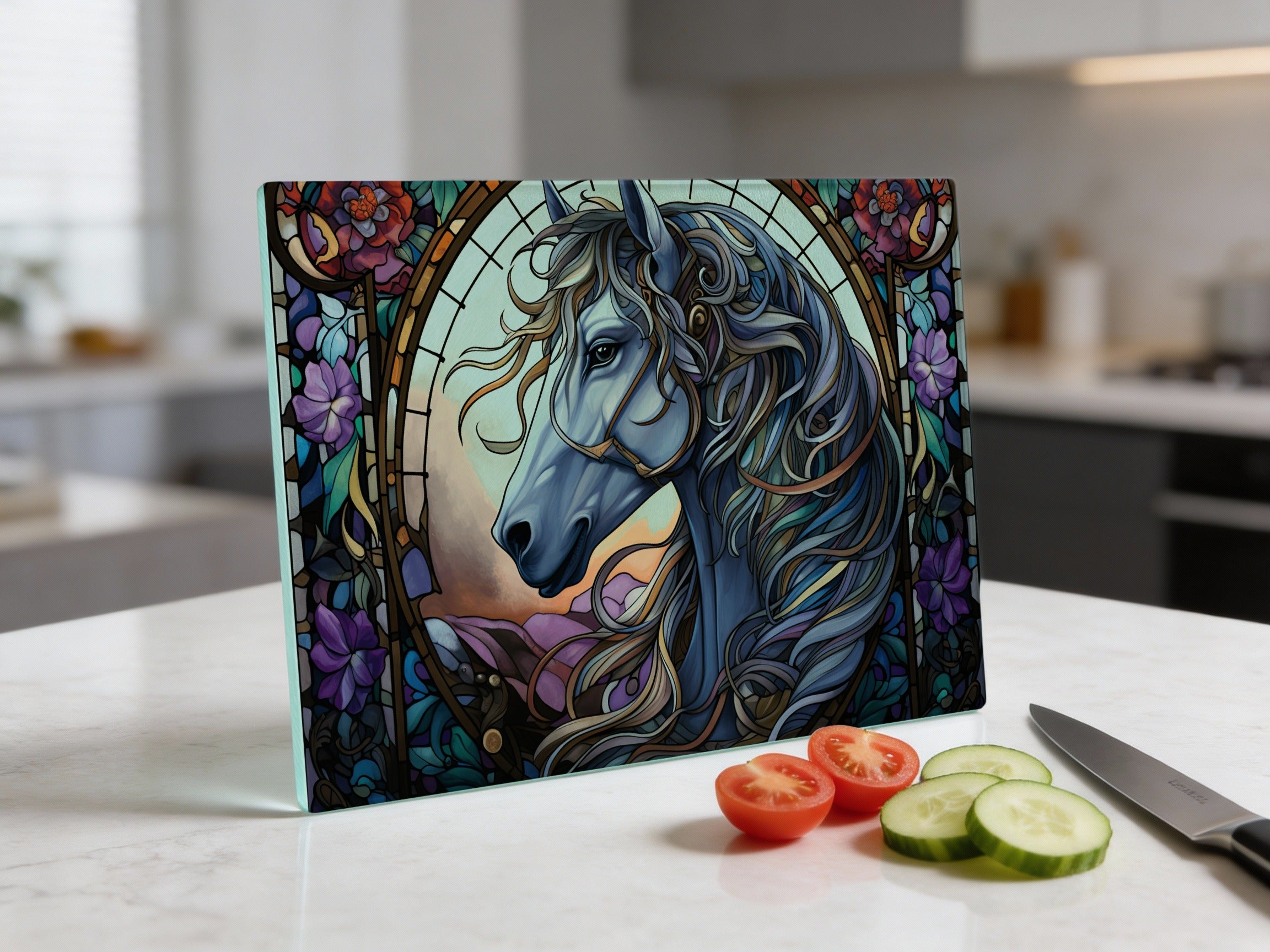 Glass cutting board with stained-glass horse design on kitchen counter.