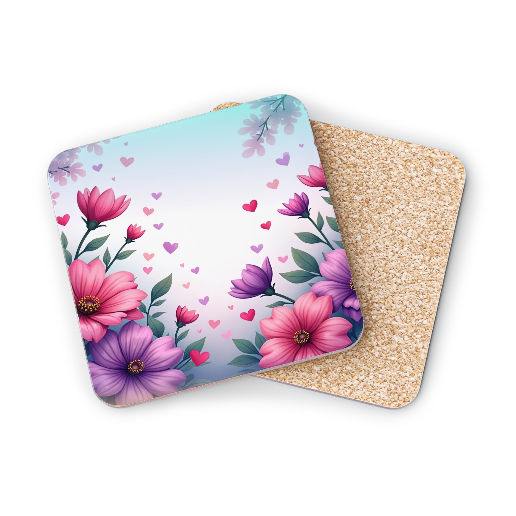 Two square coasters with pink and purple flowers and hearts.
