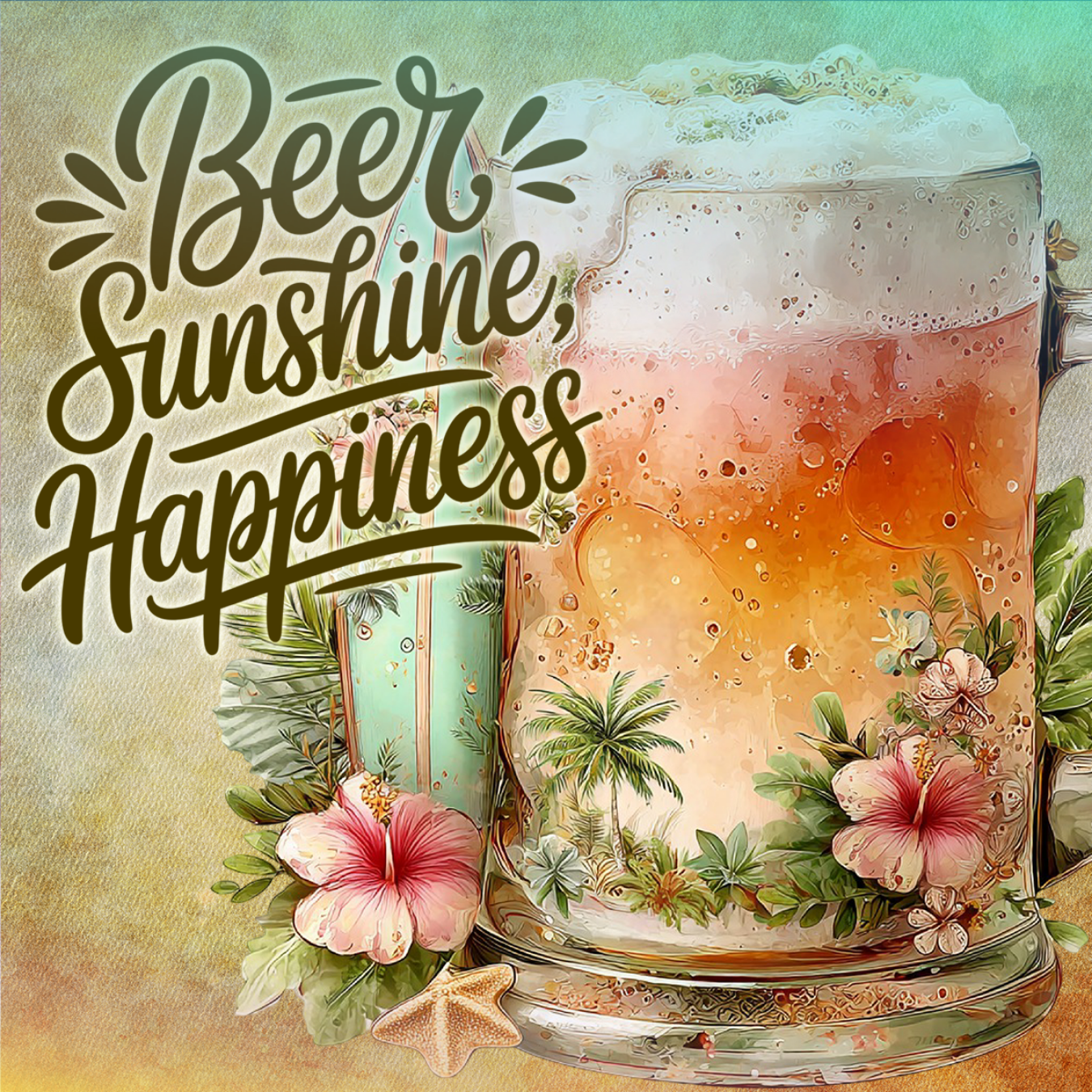 Beer, Sunshine, Happiness text over a frosted beer mug with hibiscus flowers.