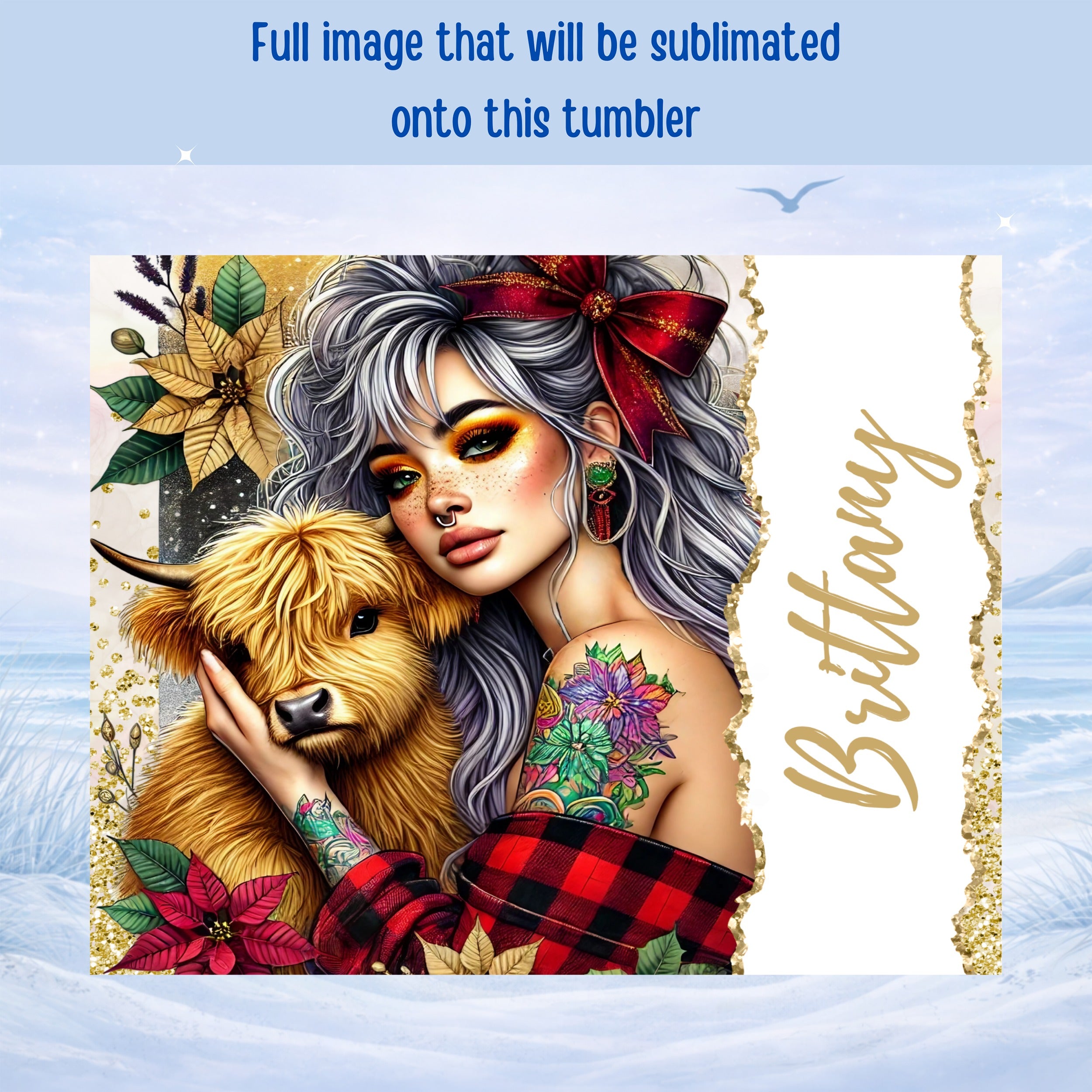Highland cow and tattooed woman with glitter accents and "Brittany" text.