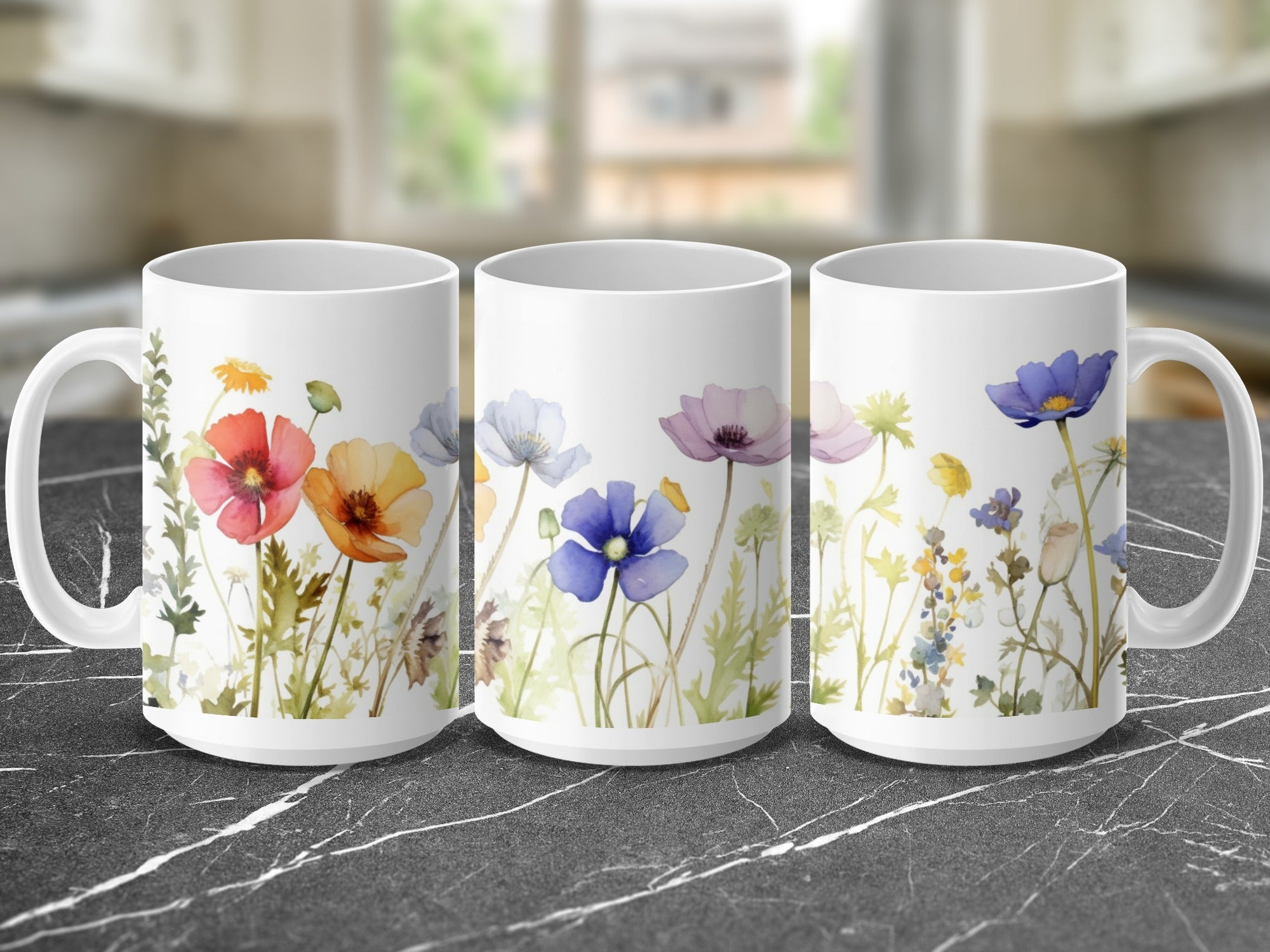 Three mugs with watercolor wildflowers in red, orange, blue, and purple.