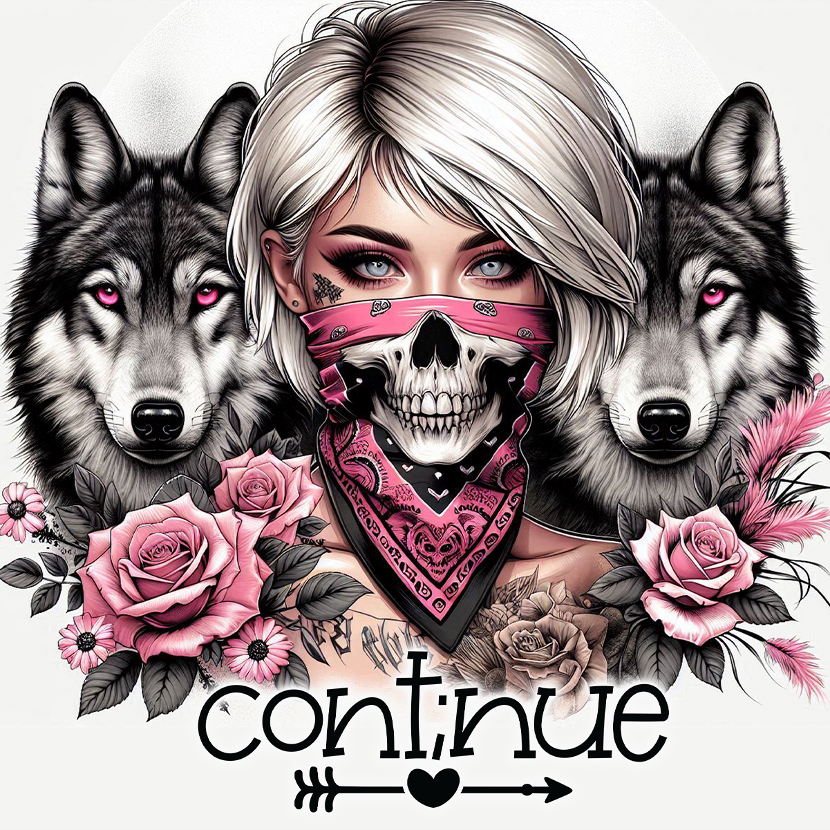 Woman with skull bandana between two wolves, pink roses, and text.