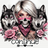 Woman with skull bandana between two wolves, pink roses, and text.