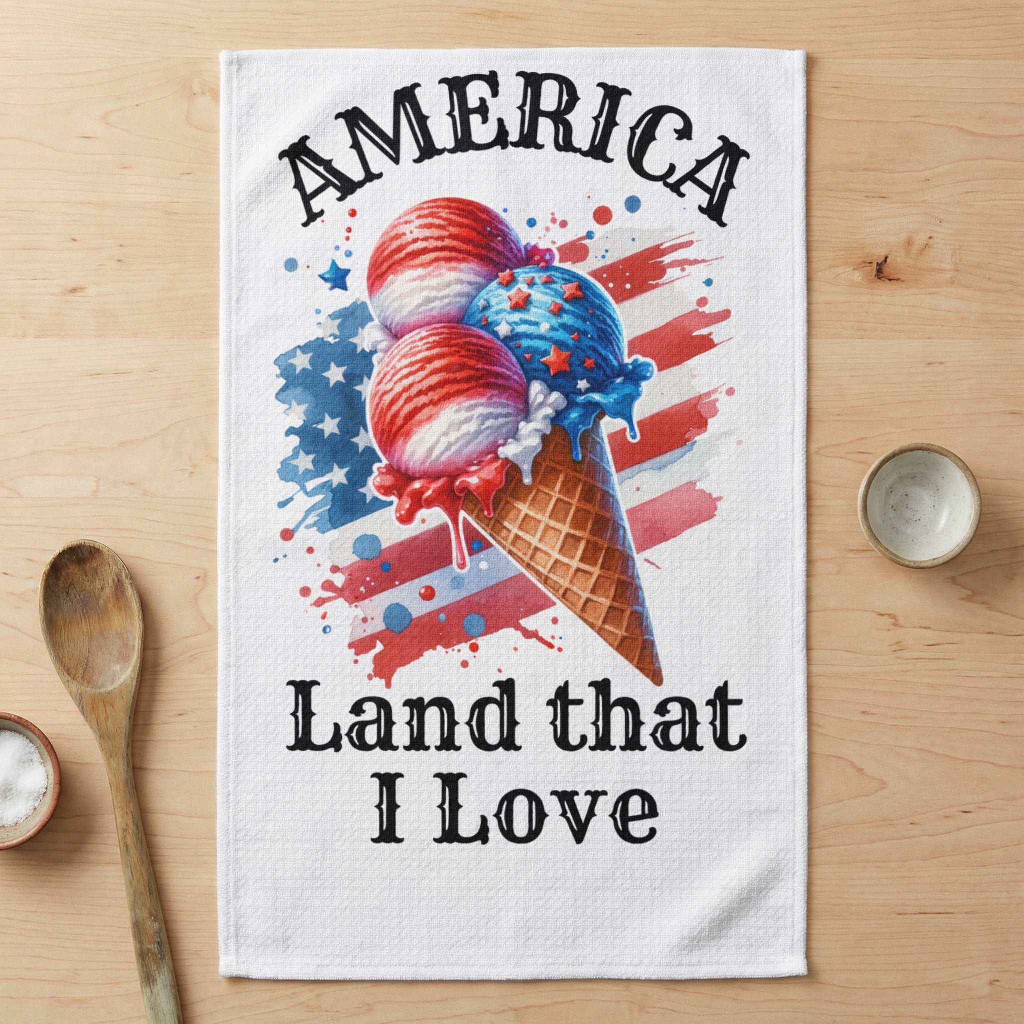Ice cream cones with American flag design and text "AMERICA Land that I Love".