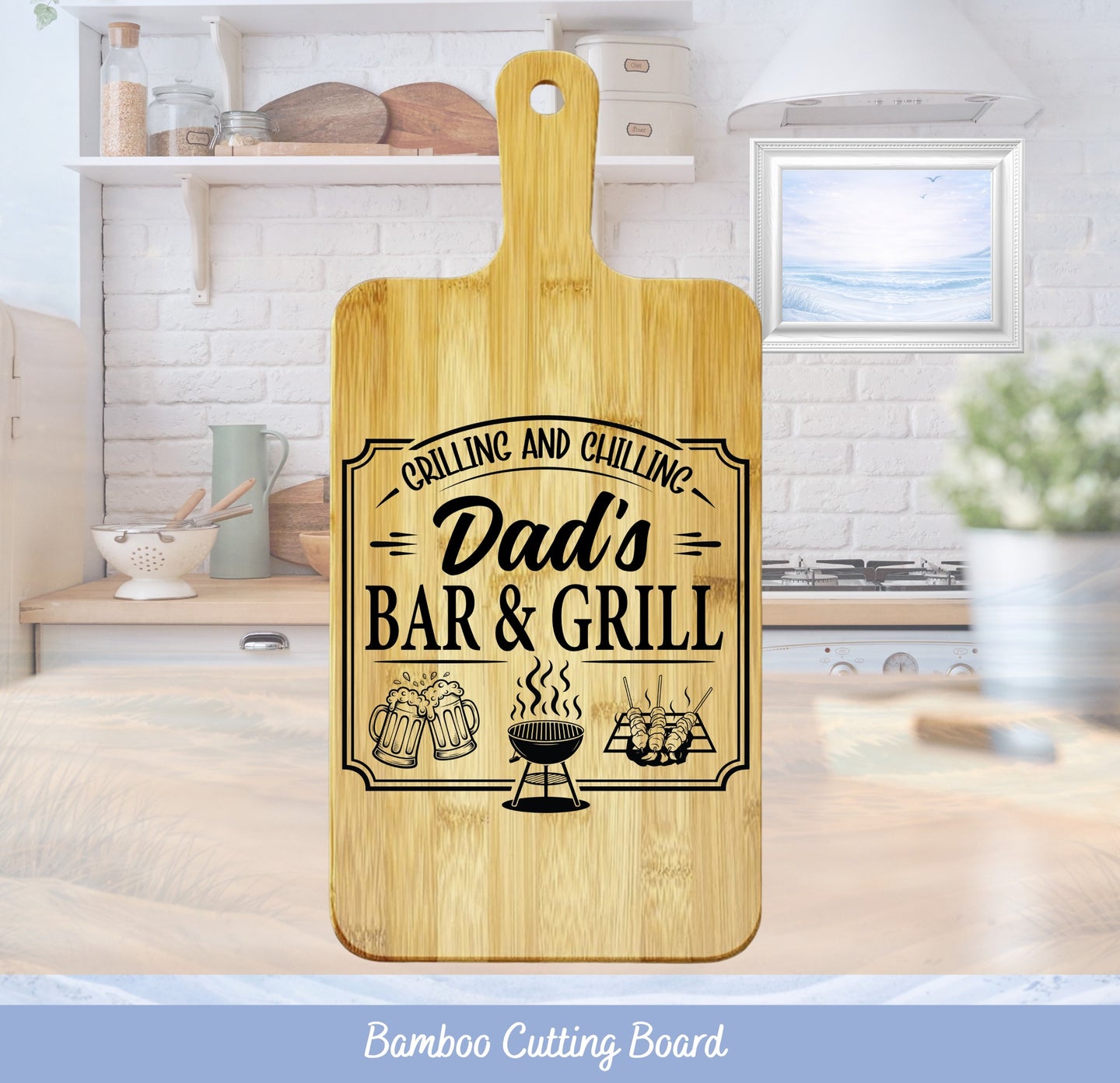 Dad's Bar & Grill bamboo cutting board with beer and grill graphics.
