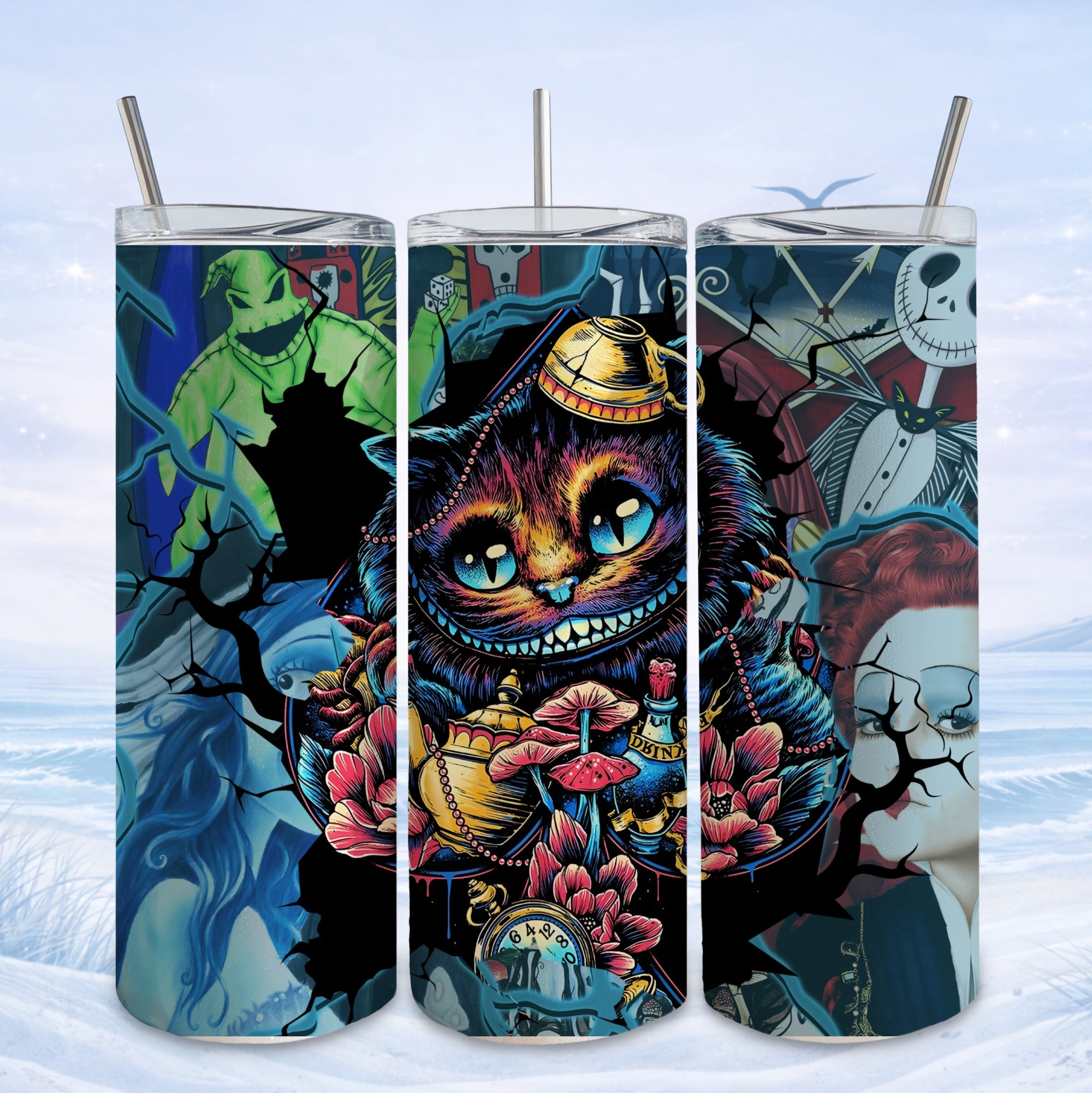 Triptych of a Cheshire Cat and Halloween characters with colorful floral accents.