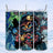 Triptych of a Cheshire Cat and Halloween characters with colorful floral accents.