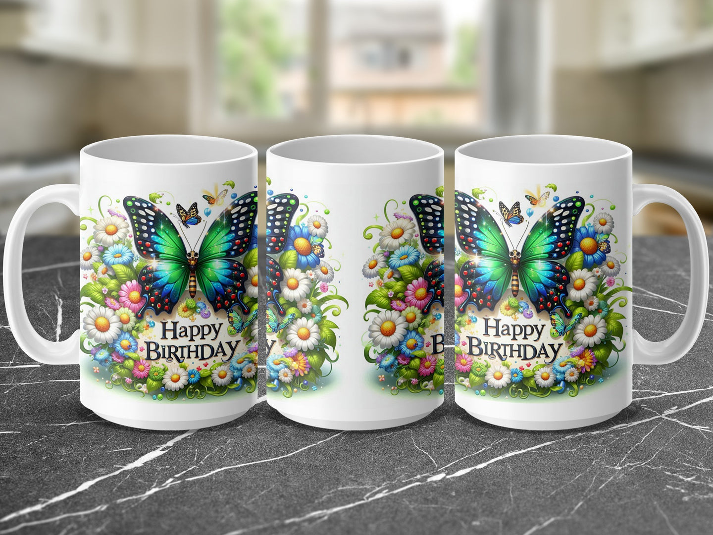 Three white mugs featuring a vibrant butterfly and floral design with "Happy Birthday" text.