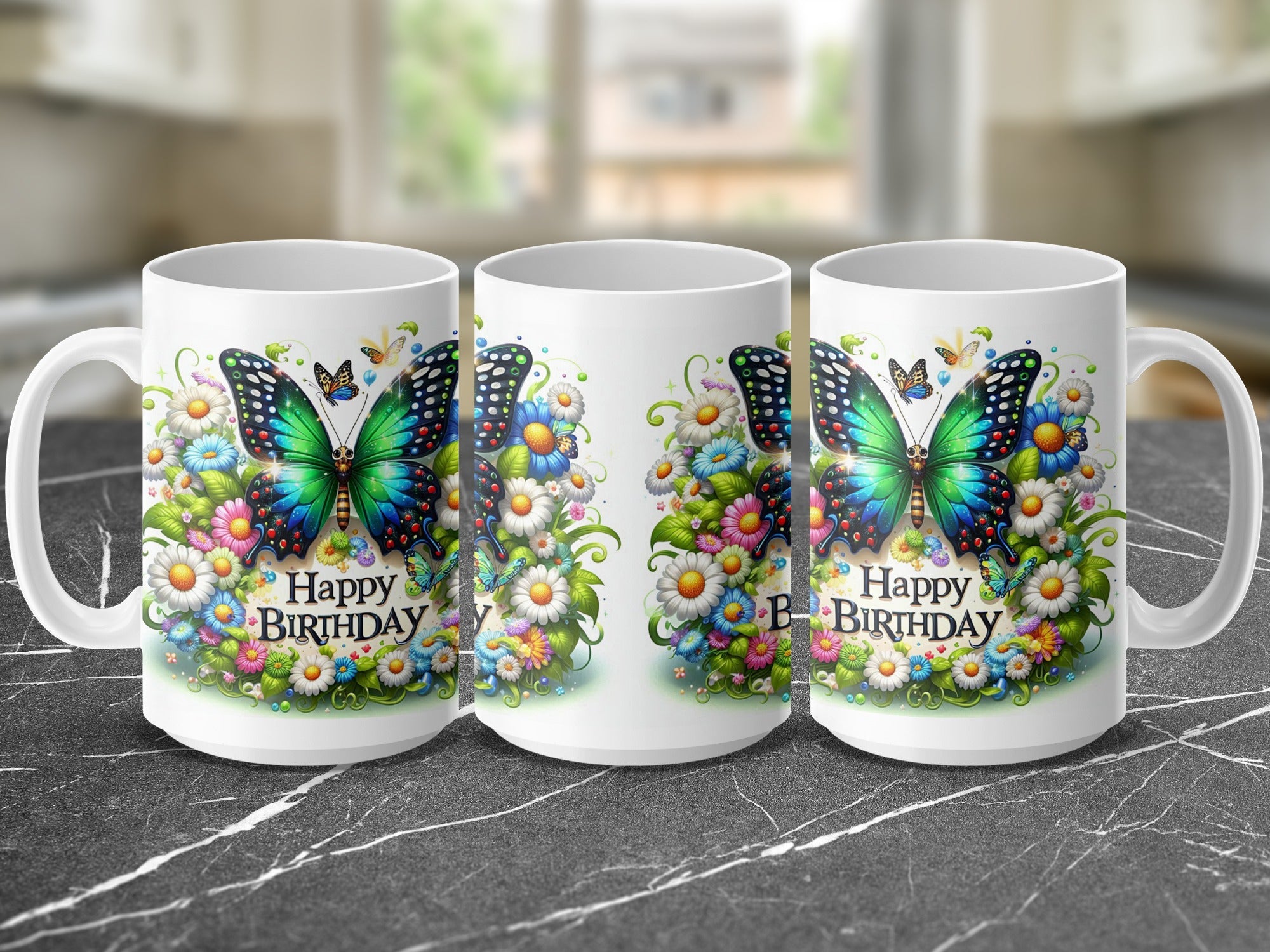 Three white mugs featuring a vibrant butterfly and floral design with "Happy Birthday" text.
