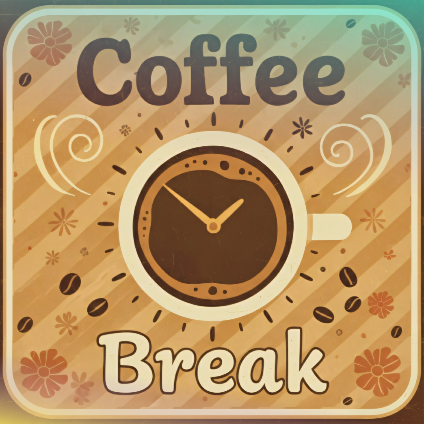 Coffee break text with a steaming cup of coffee and floral accents.
