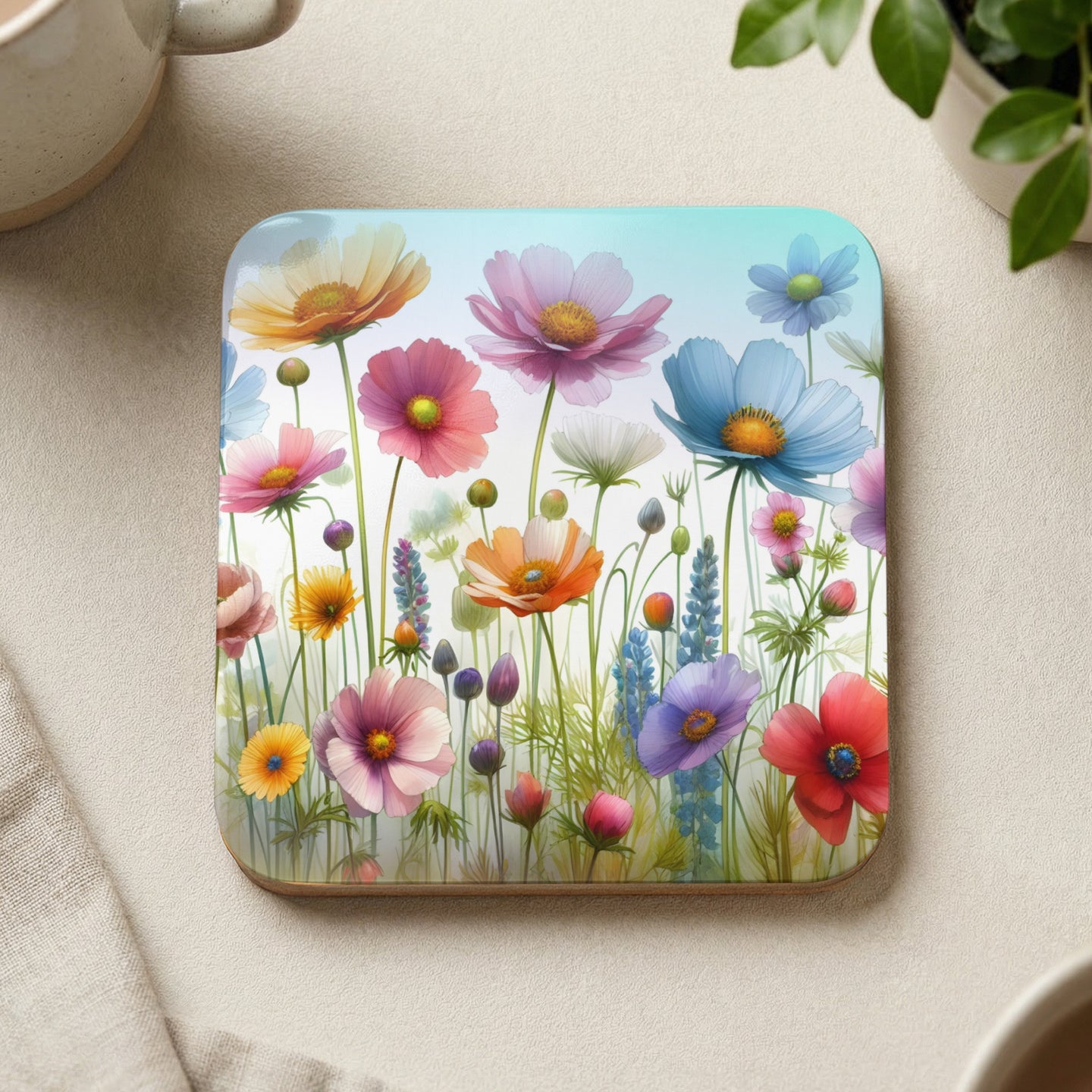 Colorful wildflower illustration with poppies and assorted blooms on a square coaster.