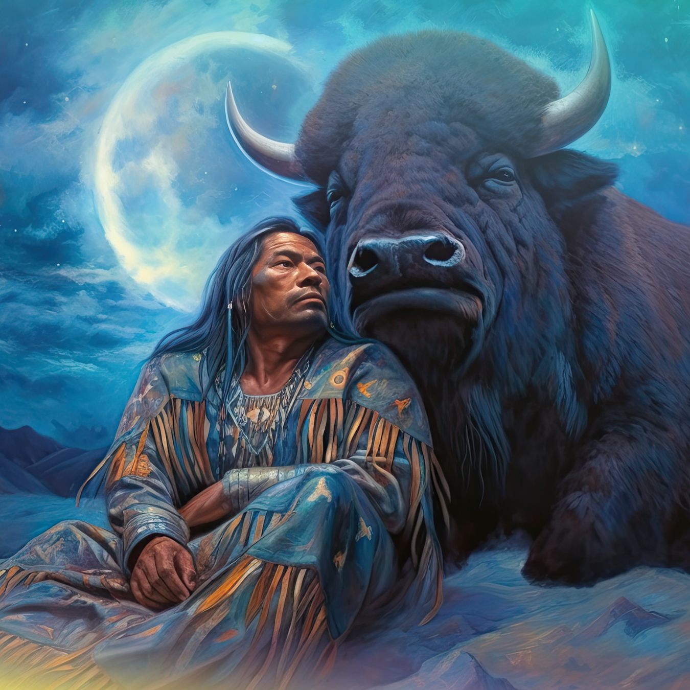 Native American man in traditional clothing with a bison under a full moon.