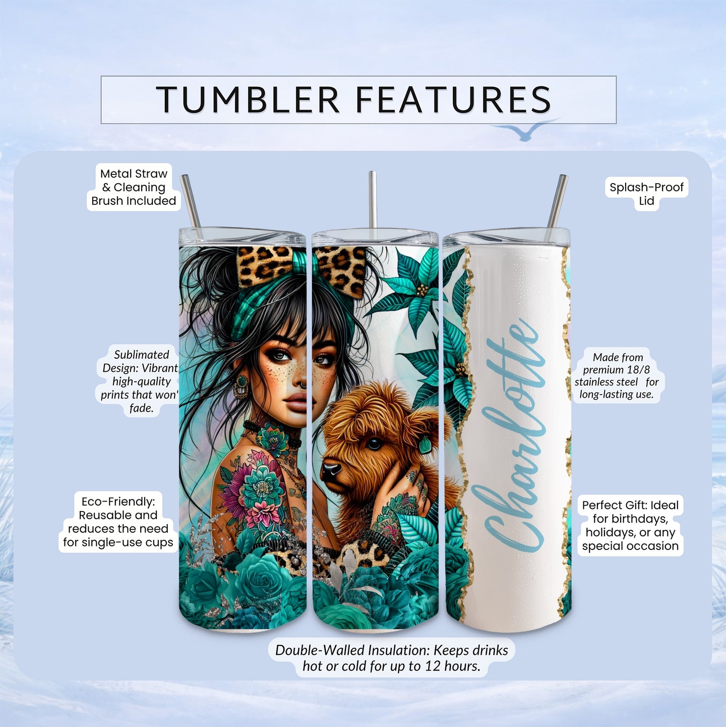 TUMBLER FEATURES illustration with "Charlotte" name and floral accents.
