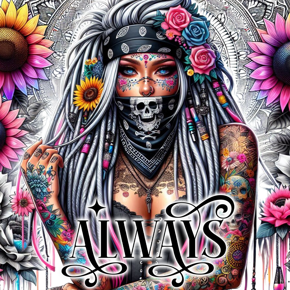 Woman with skull bandana, colorful tattoos, and floral headpiece.