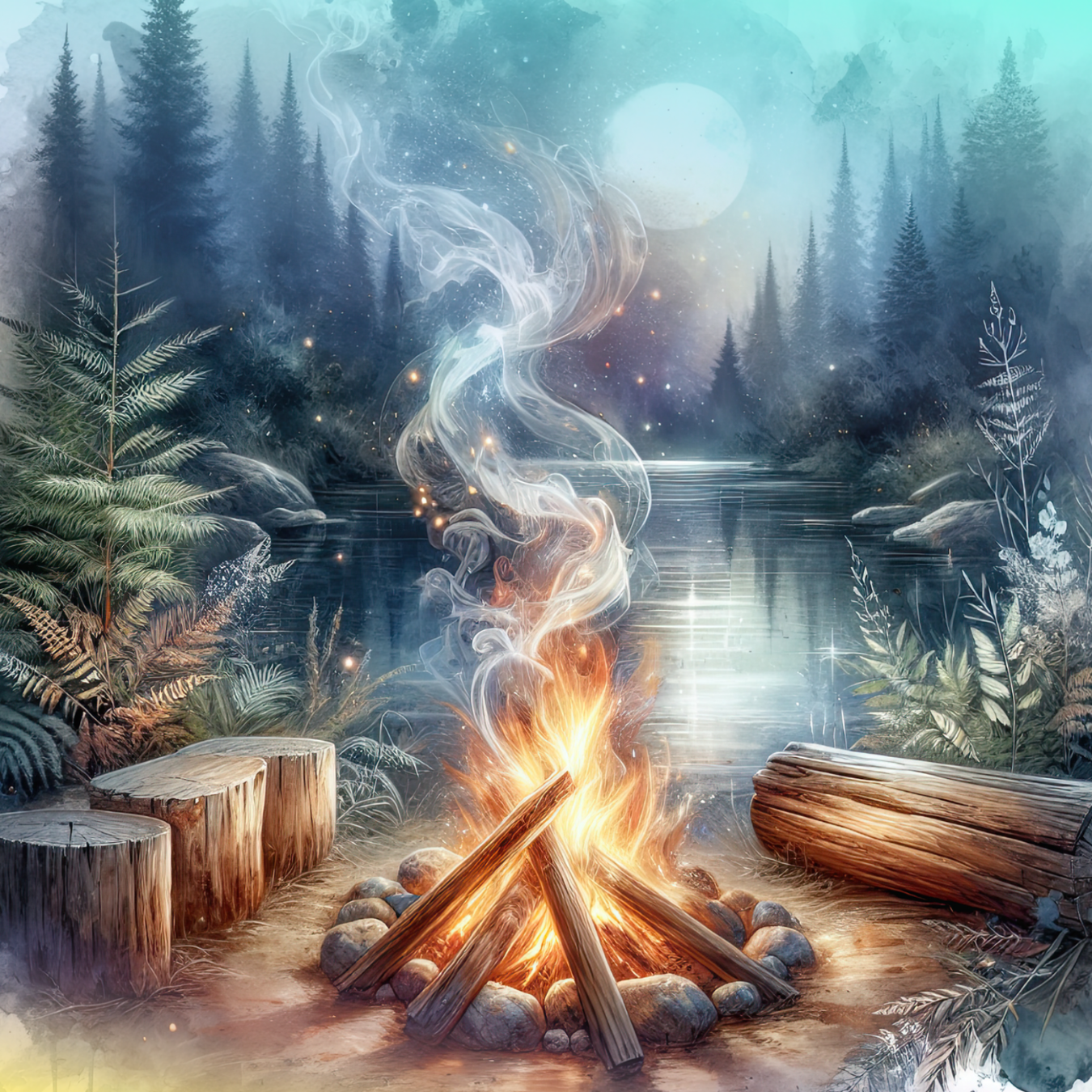 Campfire at dusk by a tranquil lake, with logs and trees.