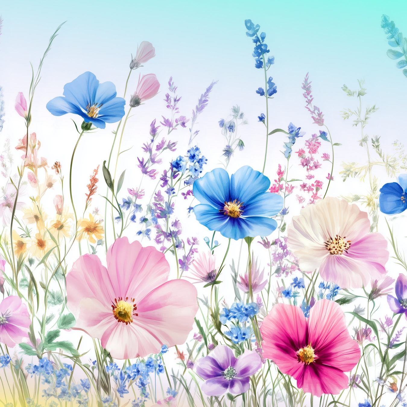 Watercolor painting of pink, blue, and white cosmos flowers with purple wildflowers.
