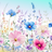 Watercolor painting of pink, blue, and white cosmos flowers with purple wildflowers.