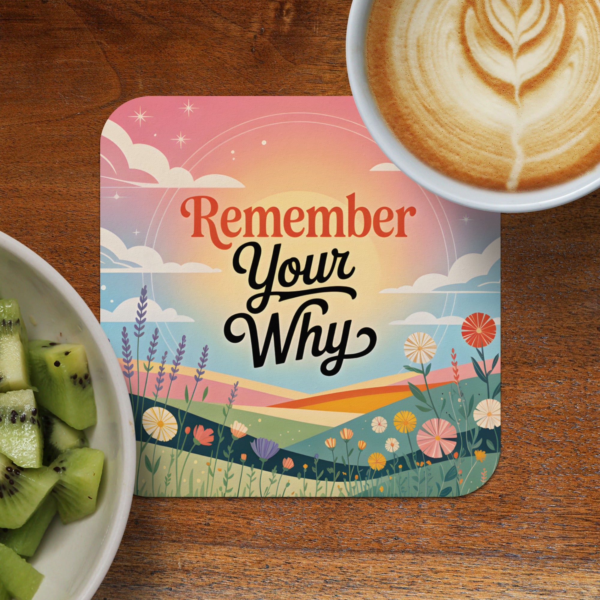 Coaster with colorful landscape, sun, clouds, and "Remember Your Why" text.