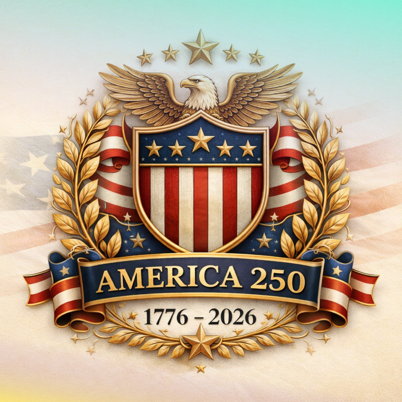 "America 250" emblem with eagle, shield, laurel wreath, and dates 1776-2026.
