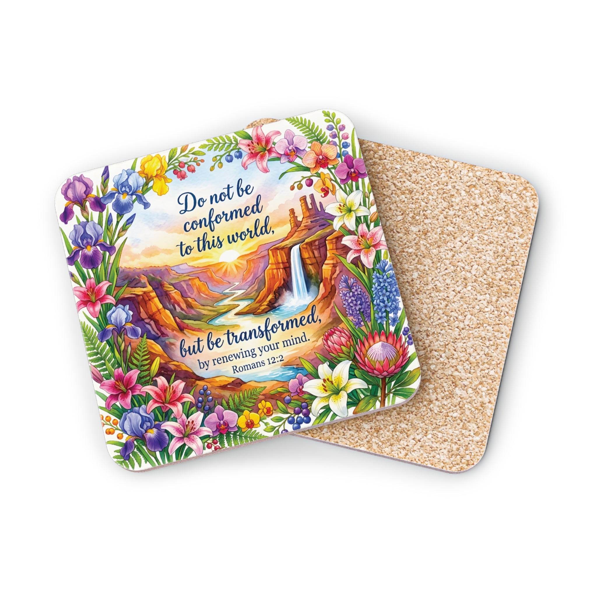 Floral coaster with "Do not be conformed" Bible verse and waterfall scene.